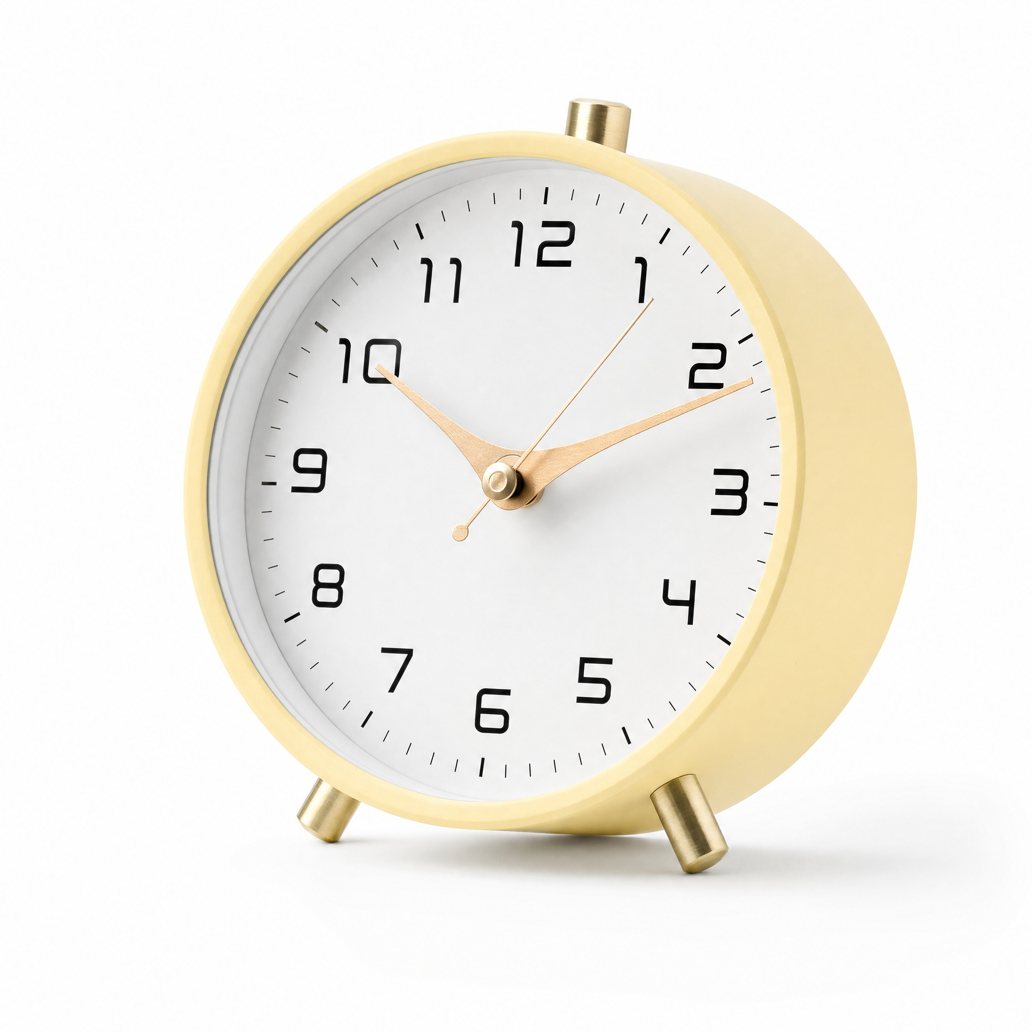 Serena Silent Table Clock in butter yellow, studio white background