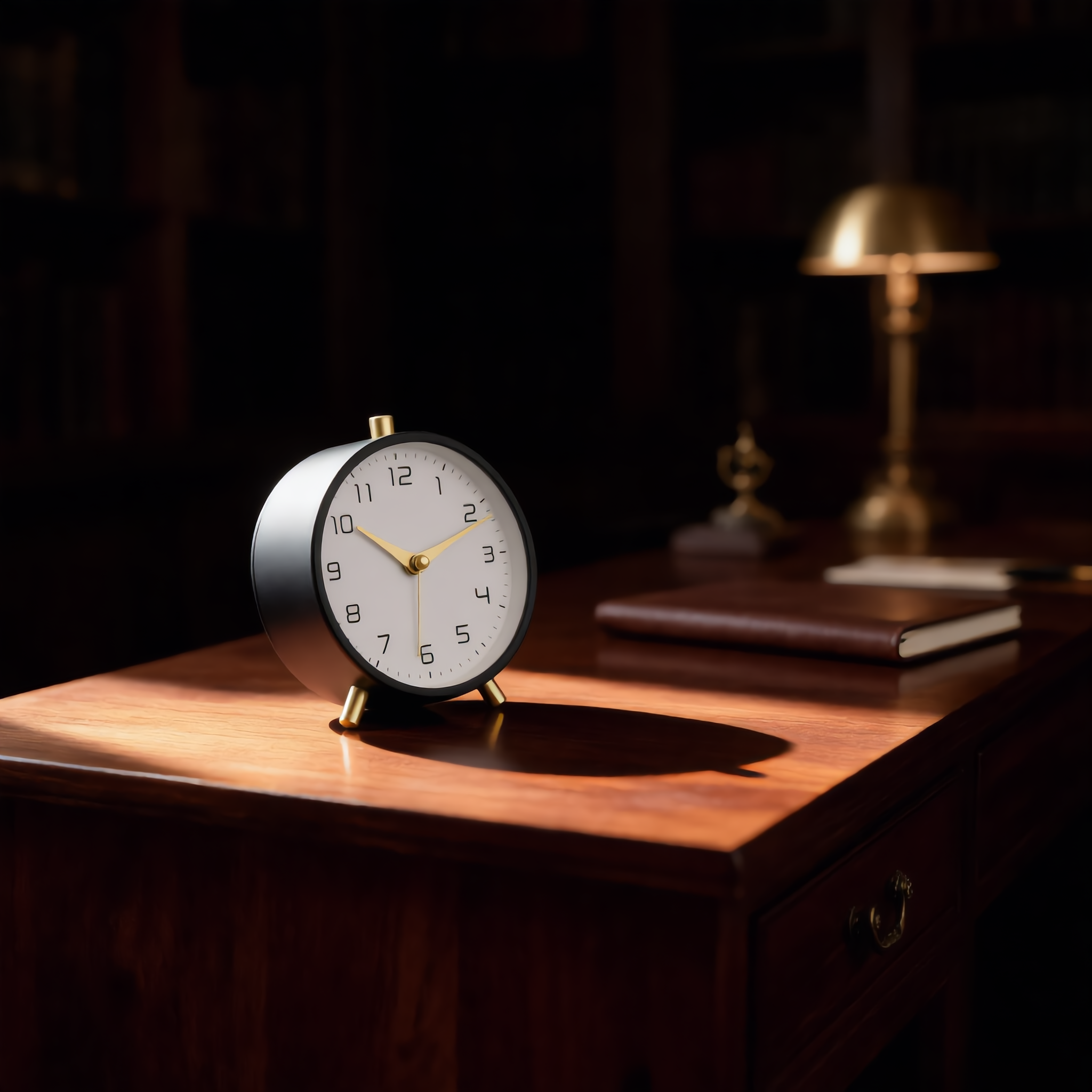 Black Serena clock on a moody walnut study desk with brass accents