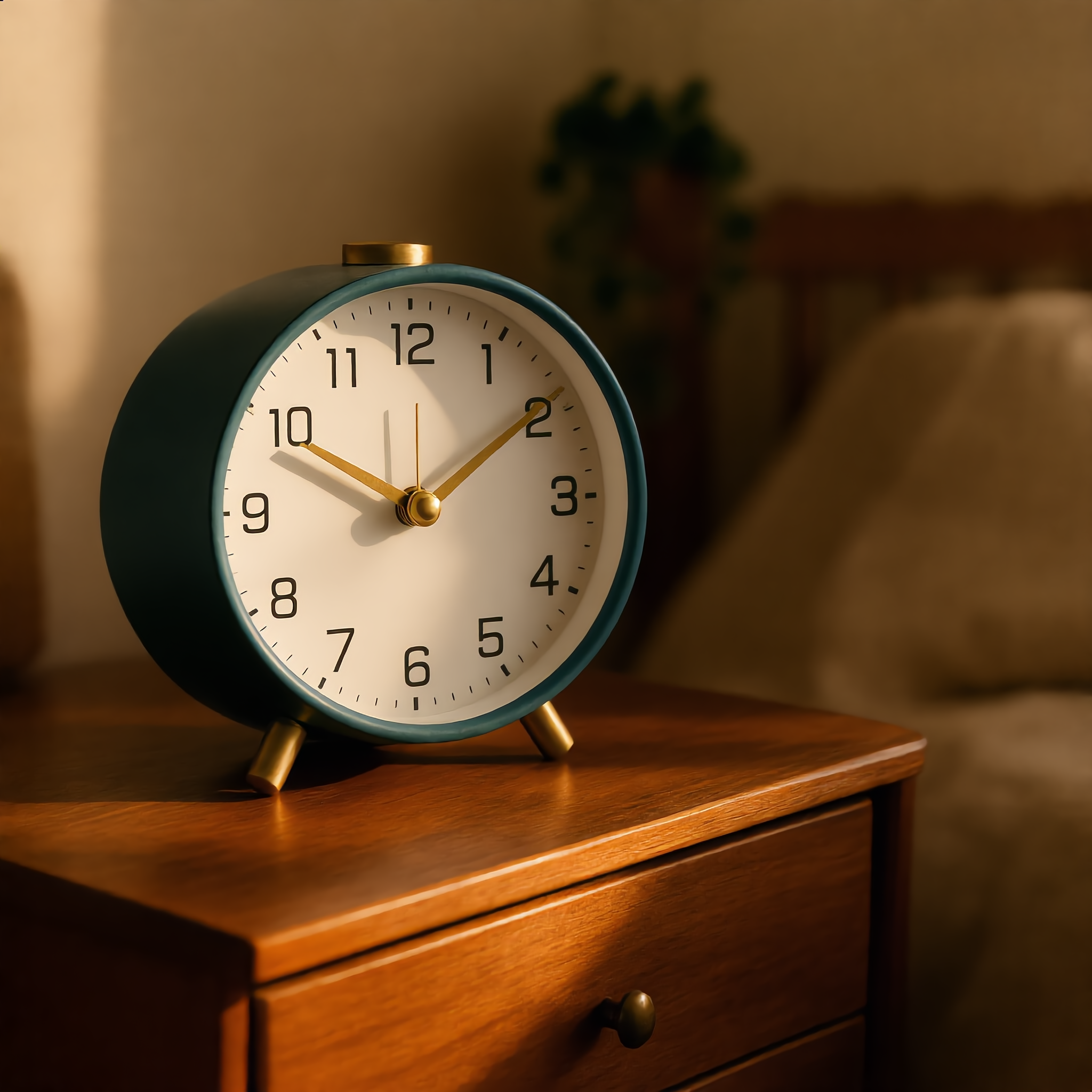 Blue Serena clock on a walnut bedside table in morning light