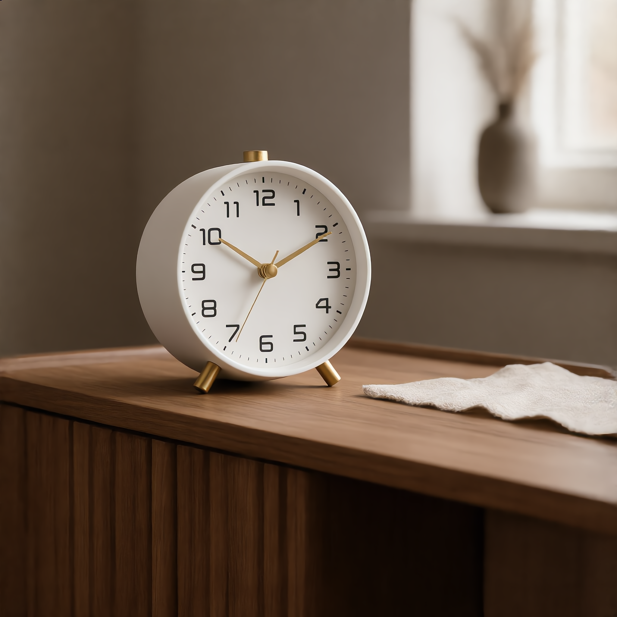 White Serena clock on a minimalist oak console