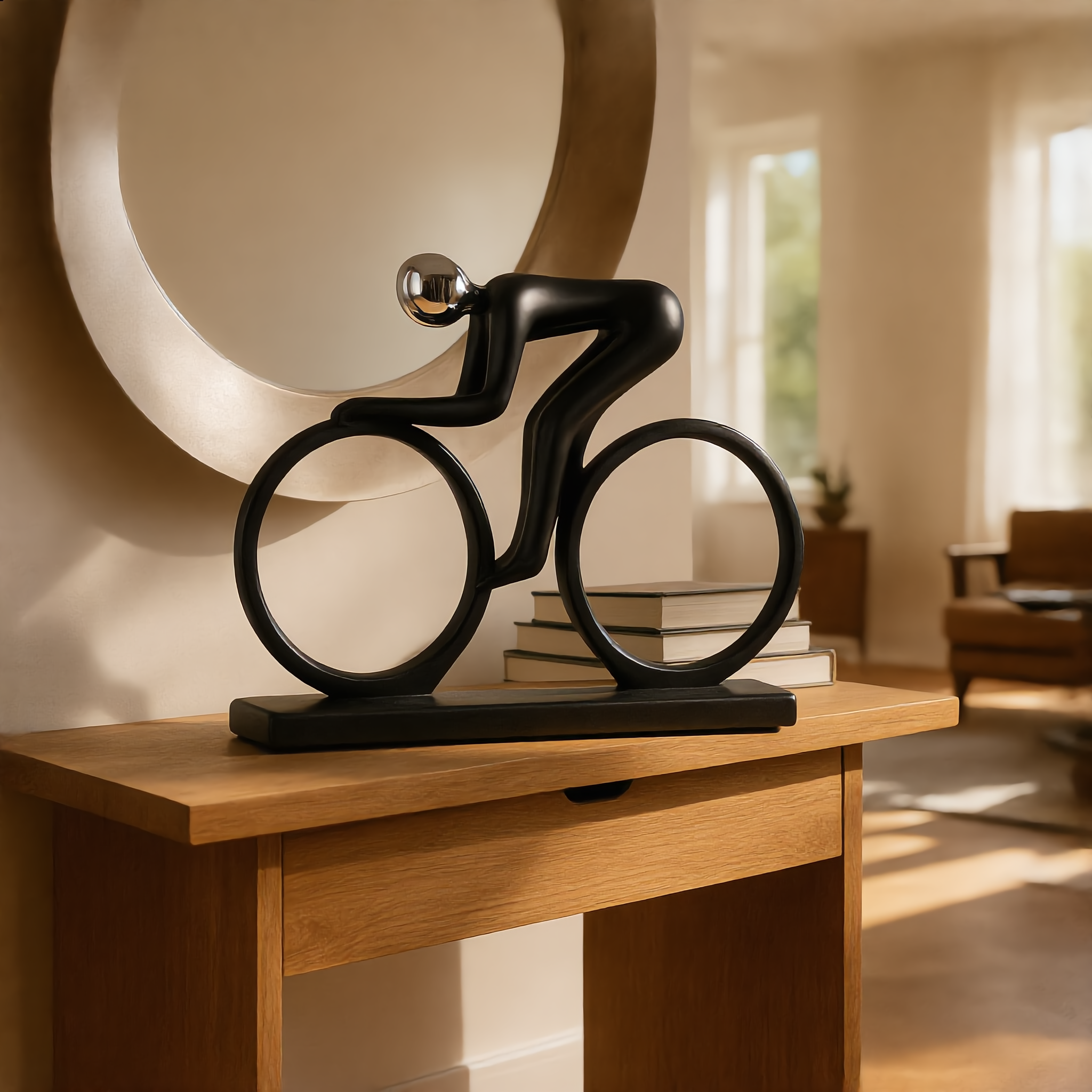 Black resin cyclist sculpture on a modern oak console