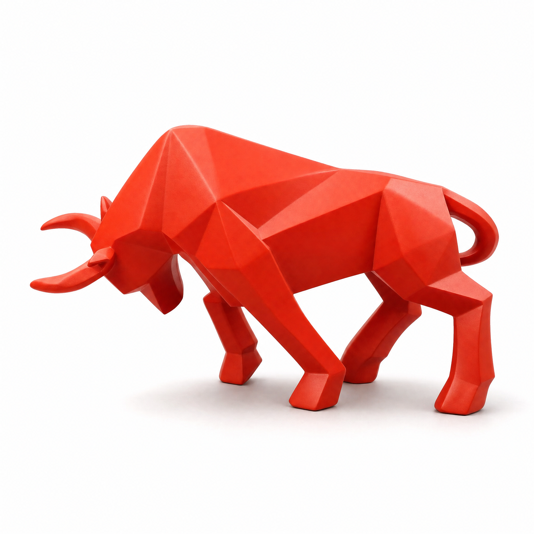 Forza red geometric bull resin sculpture, white background