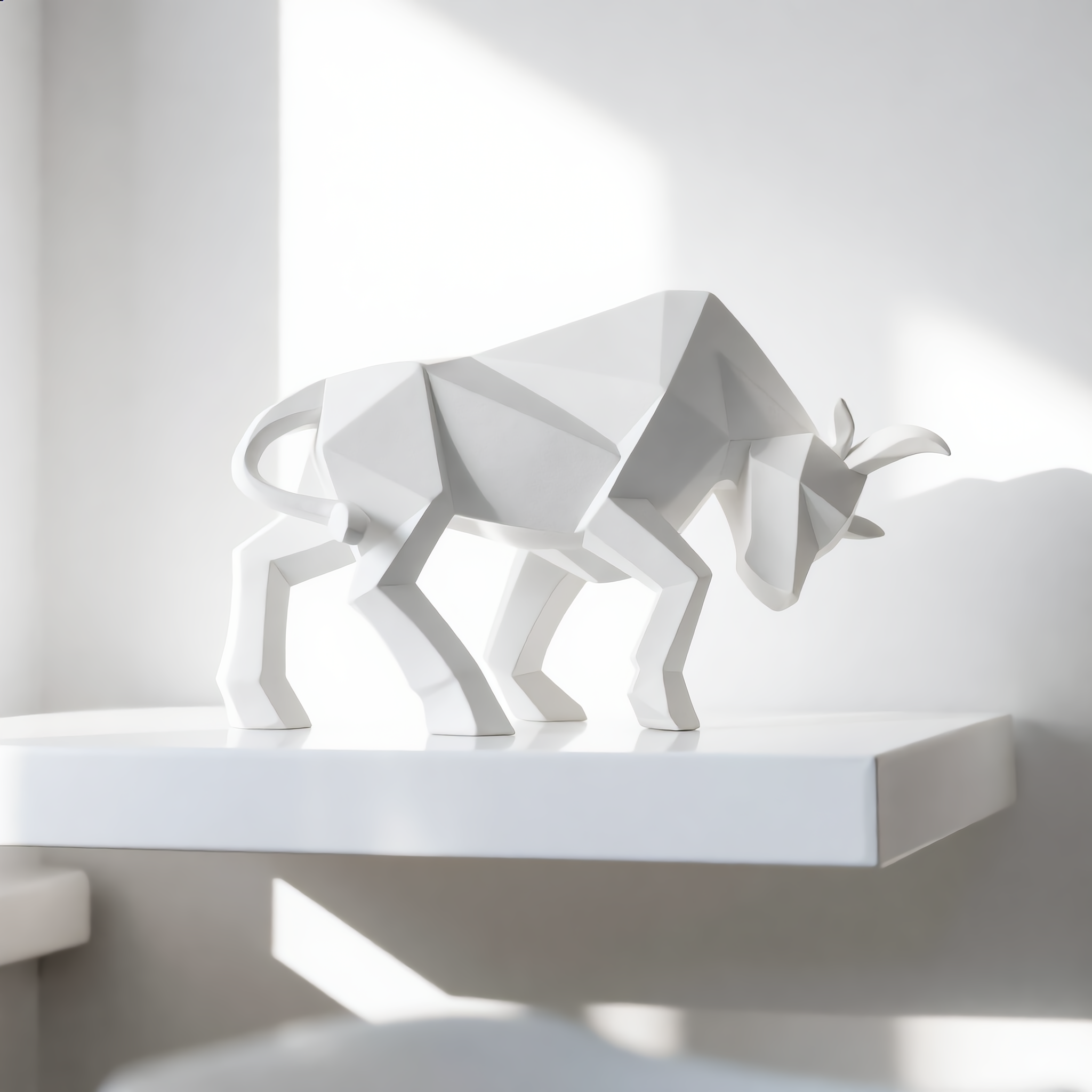 White geometric bull sculpture on a bright minimalist shelf