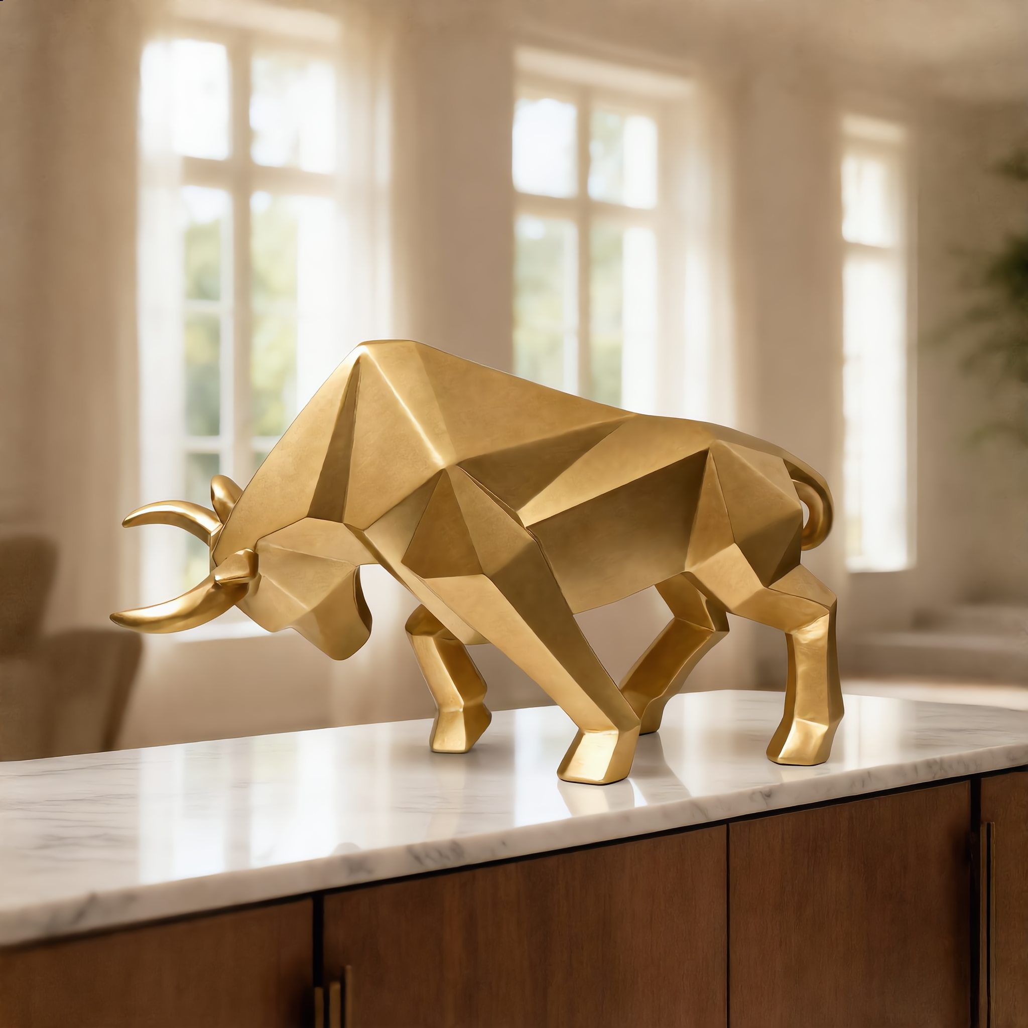 Gold geometric bull sculpture on a marble credenza in daylight