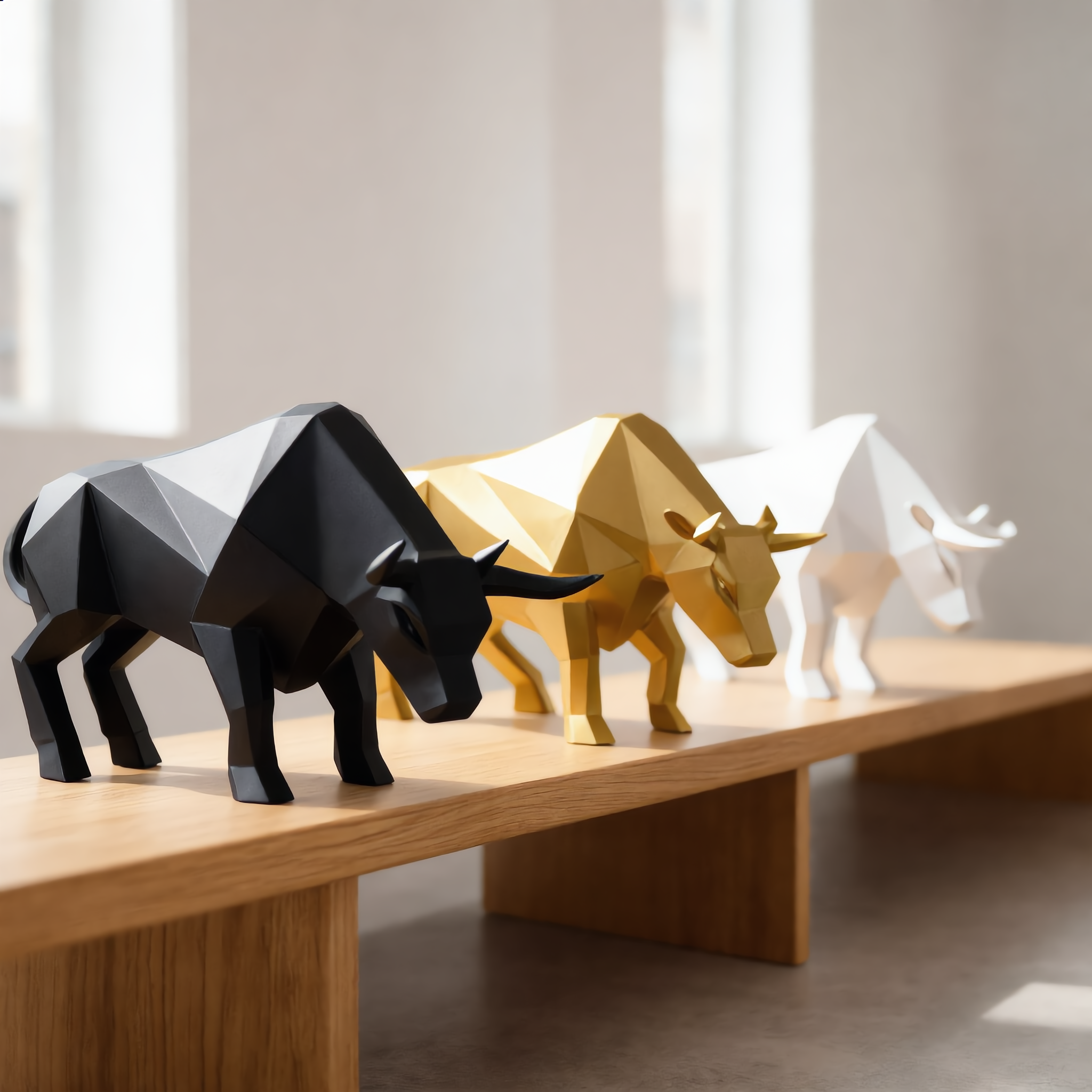 Black, gold and white geometric bull sculptures together on a shelf