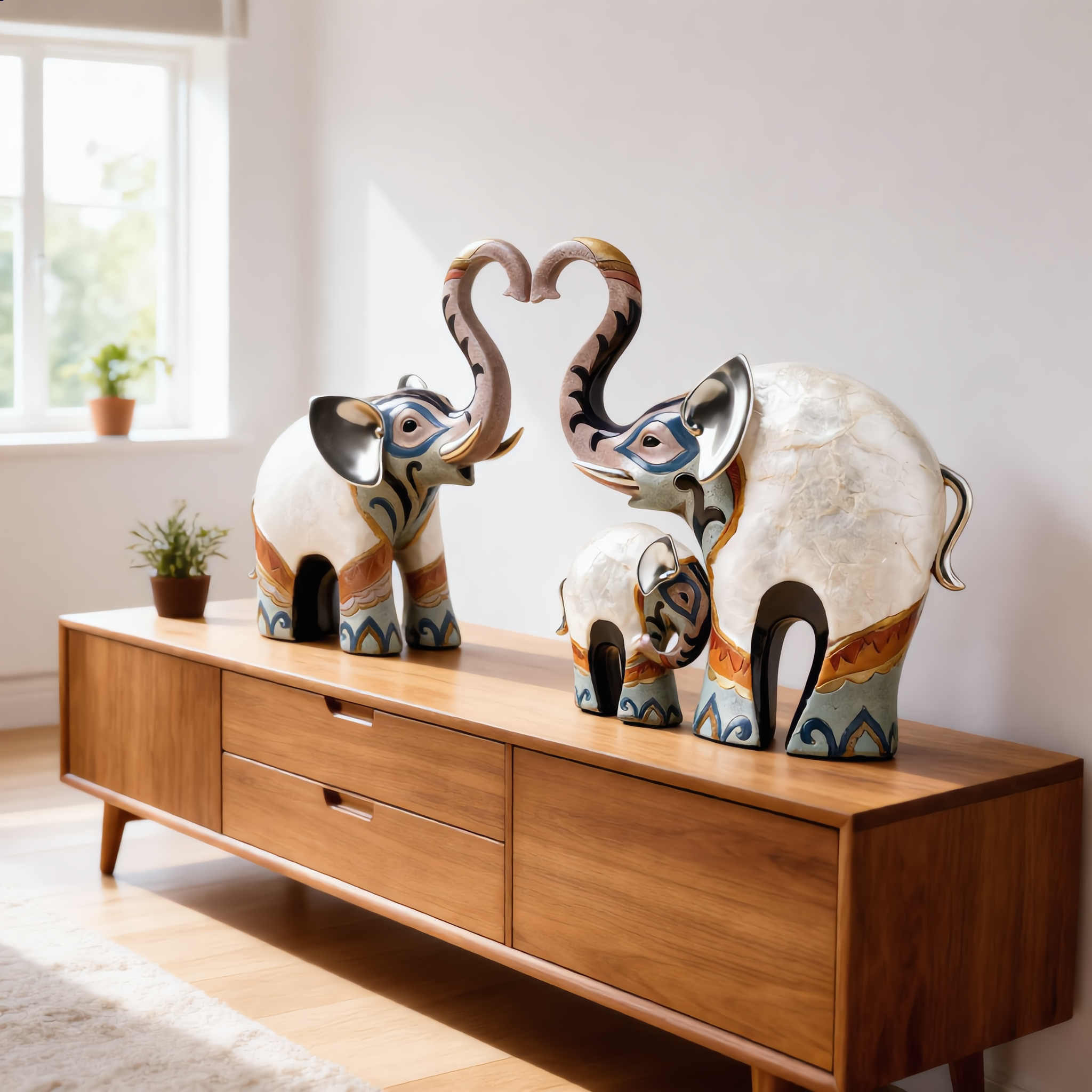 Two elephant figurine styles displayed on a bright sideboard