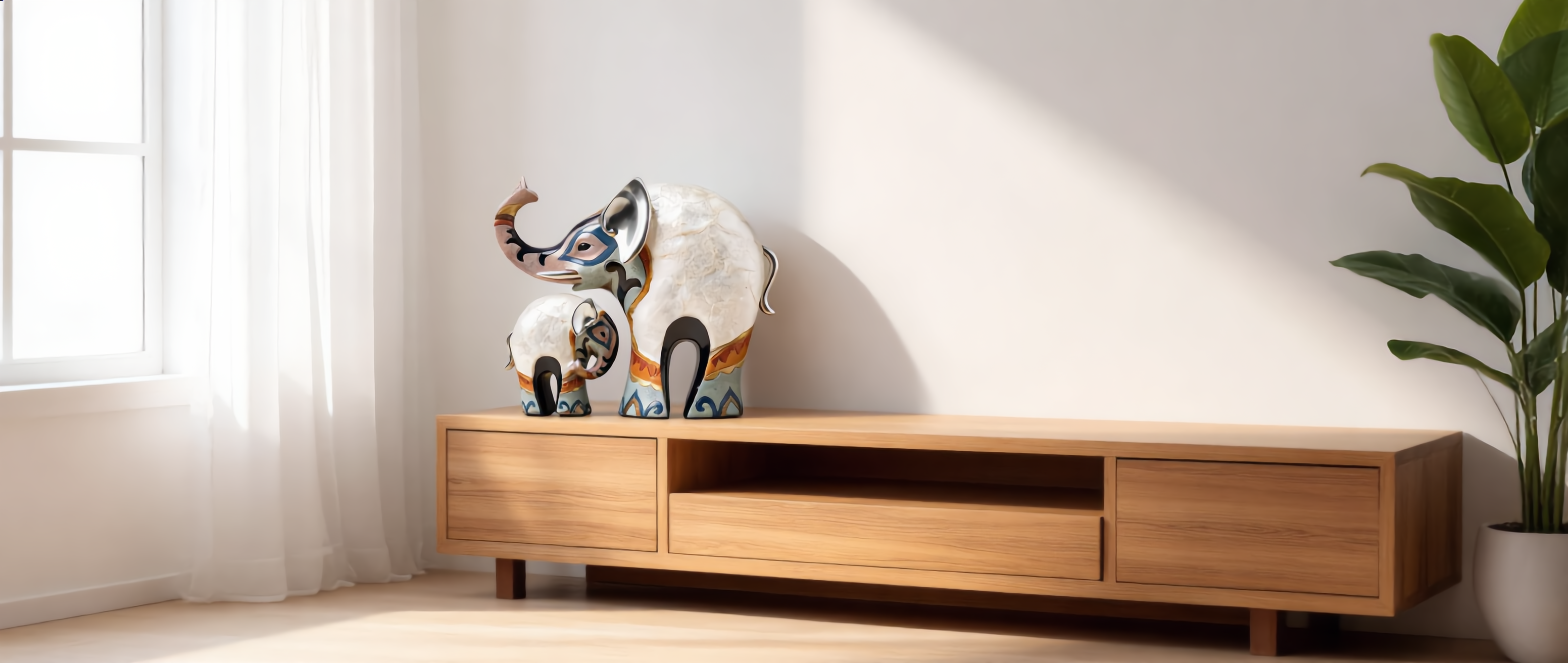 Grazia elephant figurines cinematic banner in a bright living room