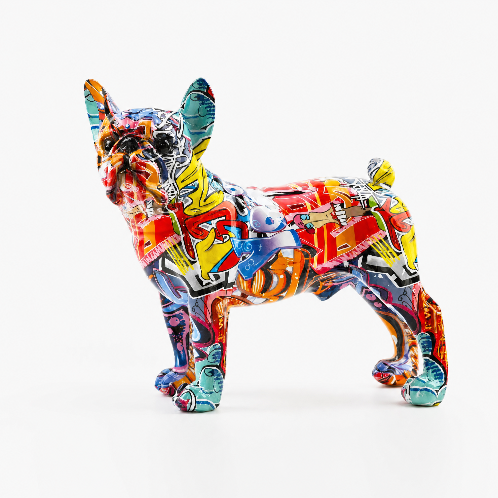 Vivace graffiti French Bulldog statue, comic street-art, white background