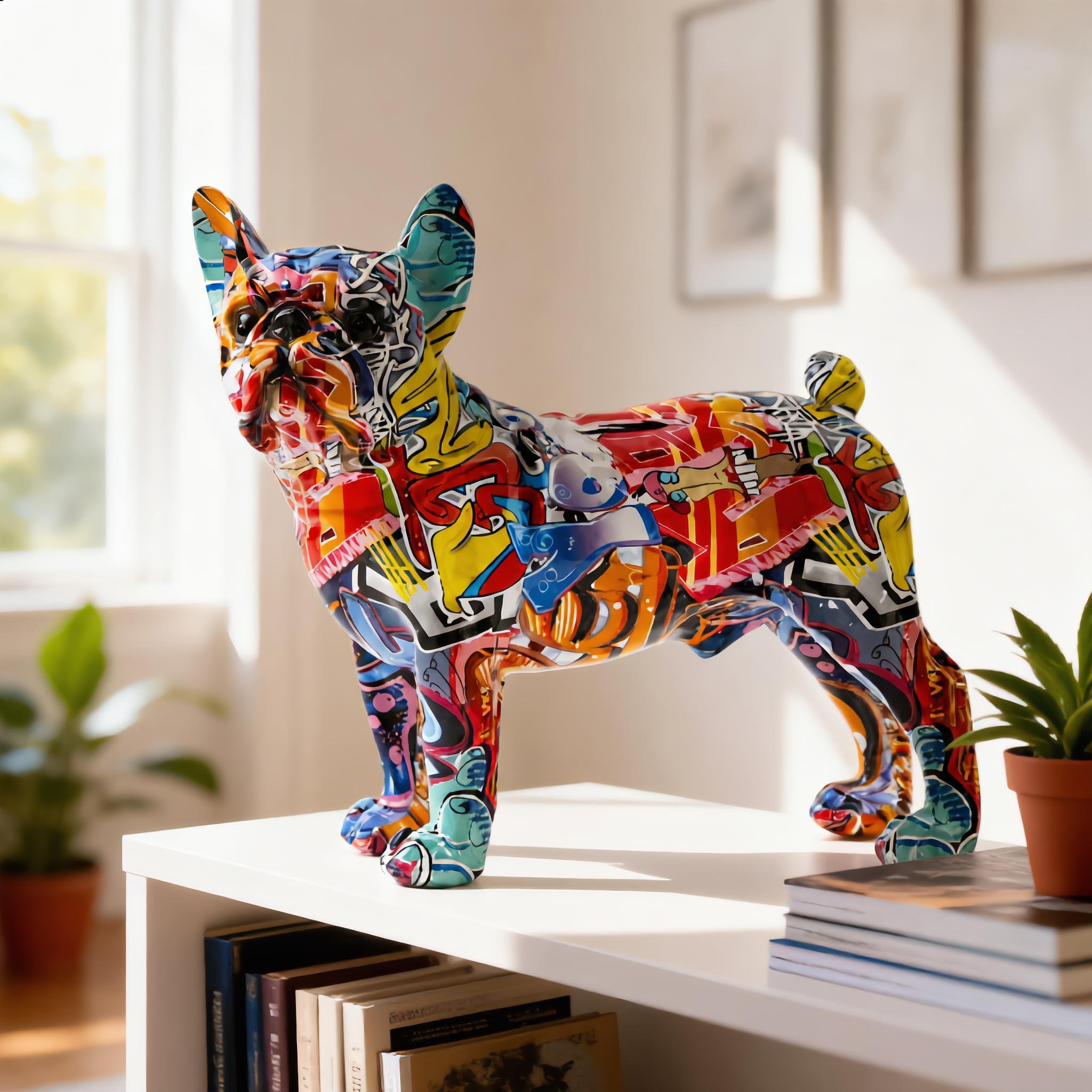 Graffiti French Bulldog statue on a sunlit bookshelf with art books