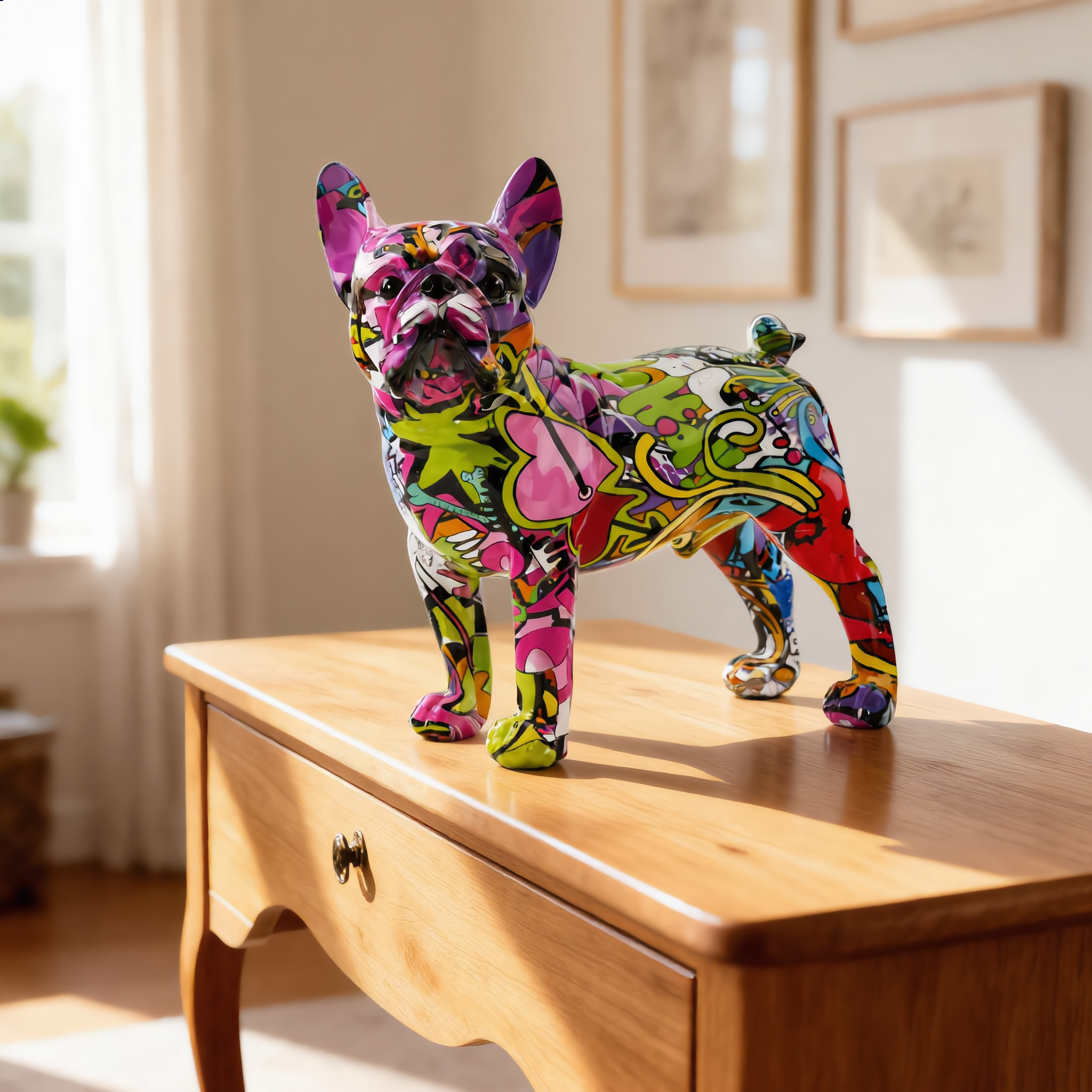 Abstract French Bulldog statue on a bright living-room console