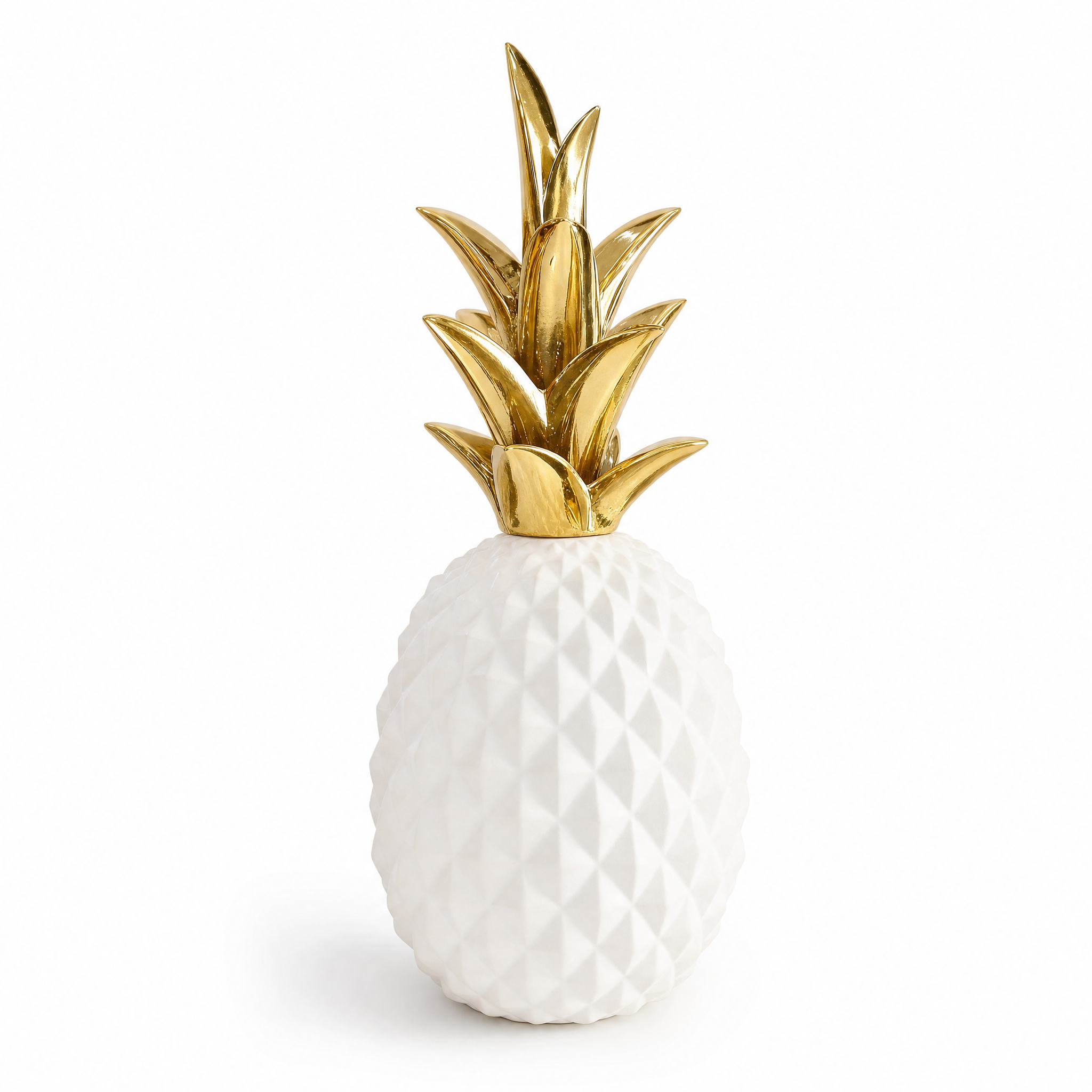 Aurea white pineapple statue with gold crown, white background