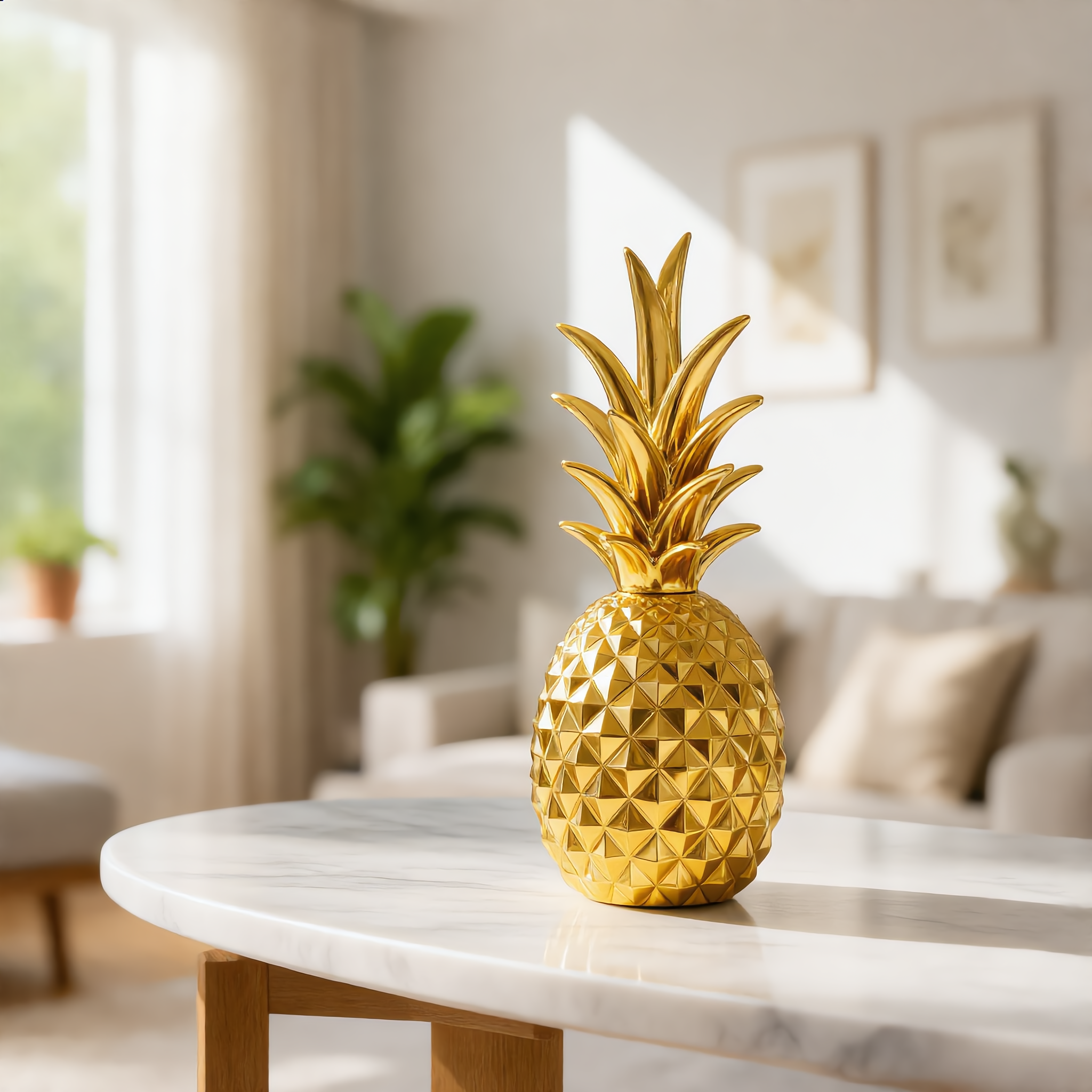 Gold pineapple statue styled on a marble console in a sunlit room