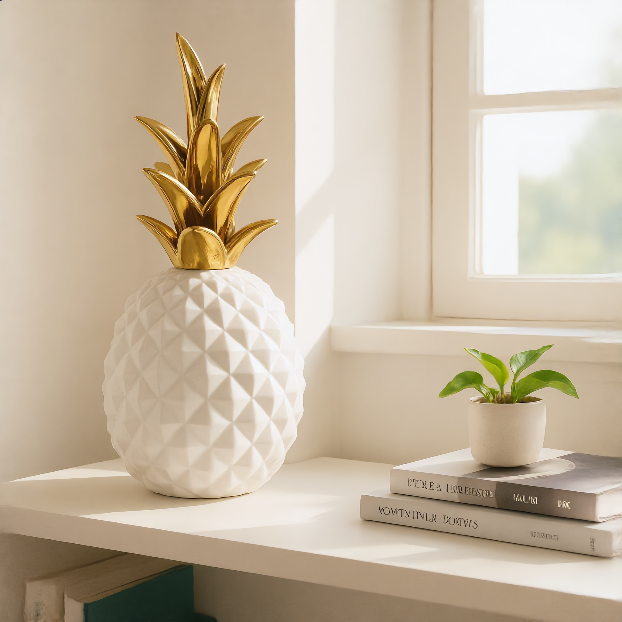 White pineapple statue on a bright sunlit bookshelf