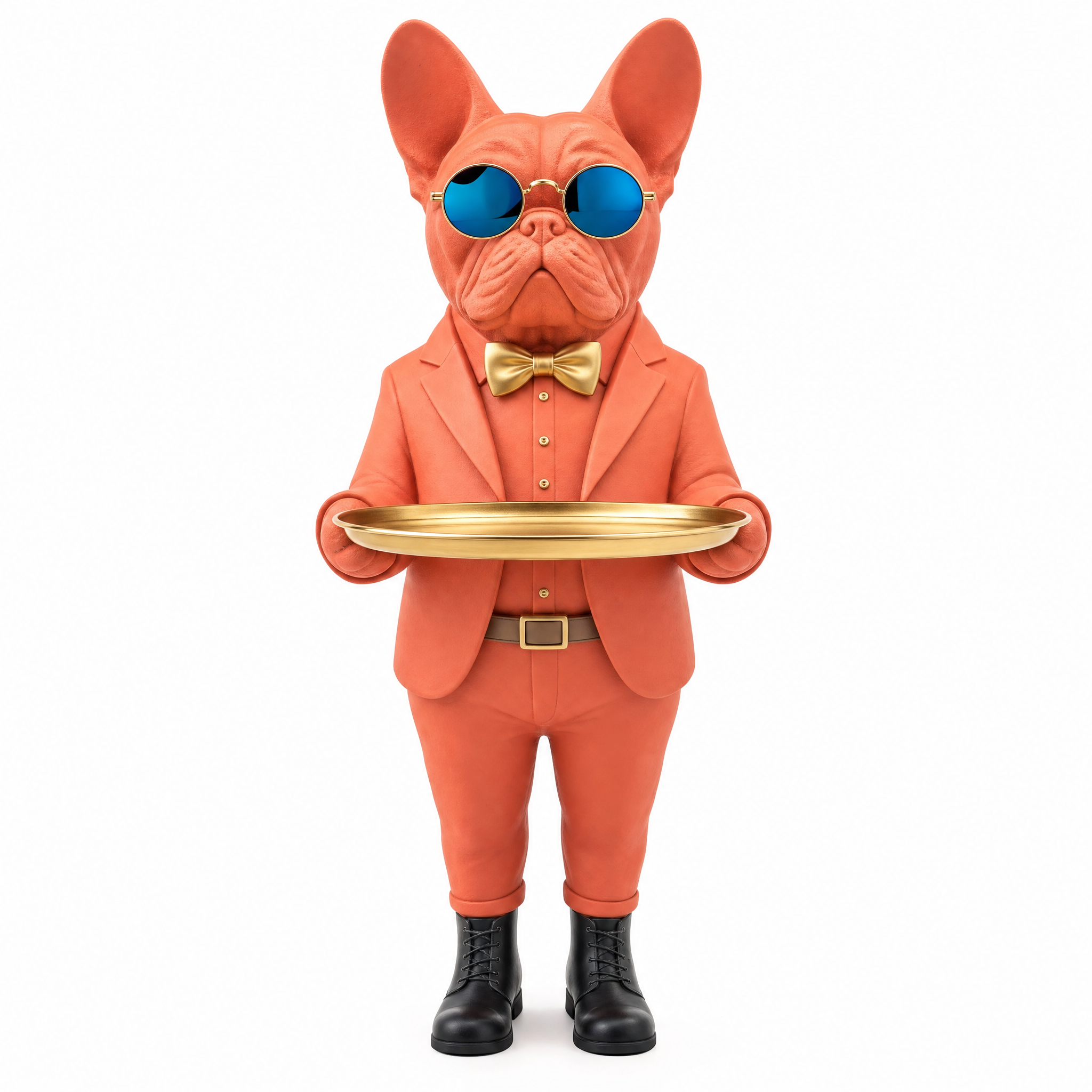 Brio coral-orange bulldog butler statue with gold tray on white