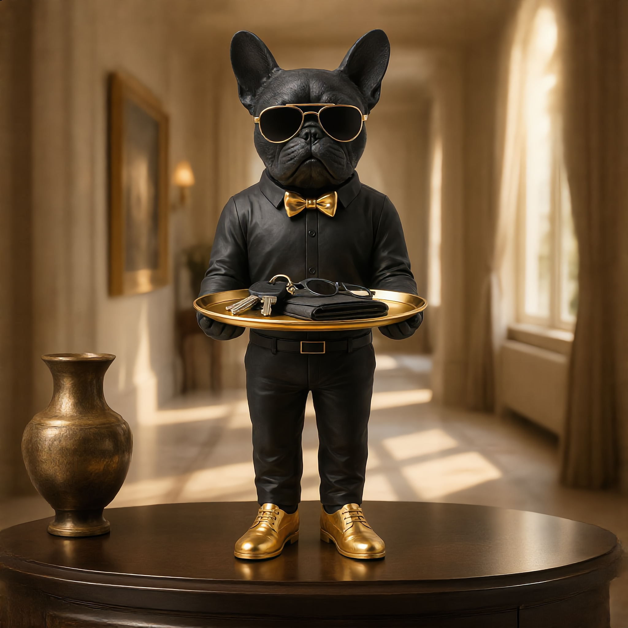 Black bulldog butler statue on entryway console holding keys