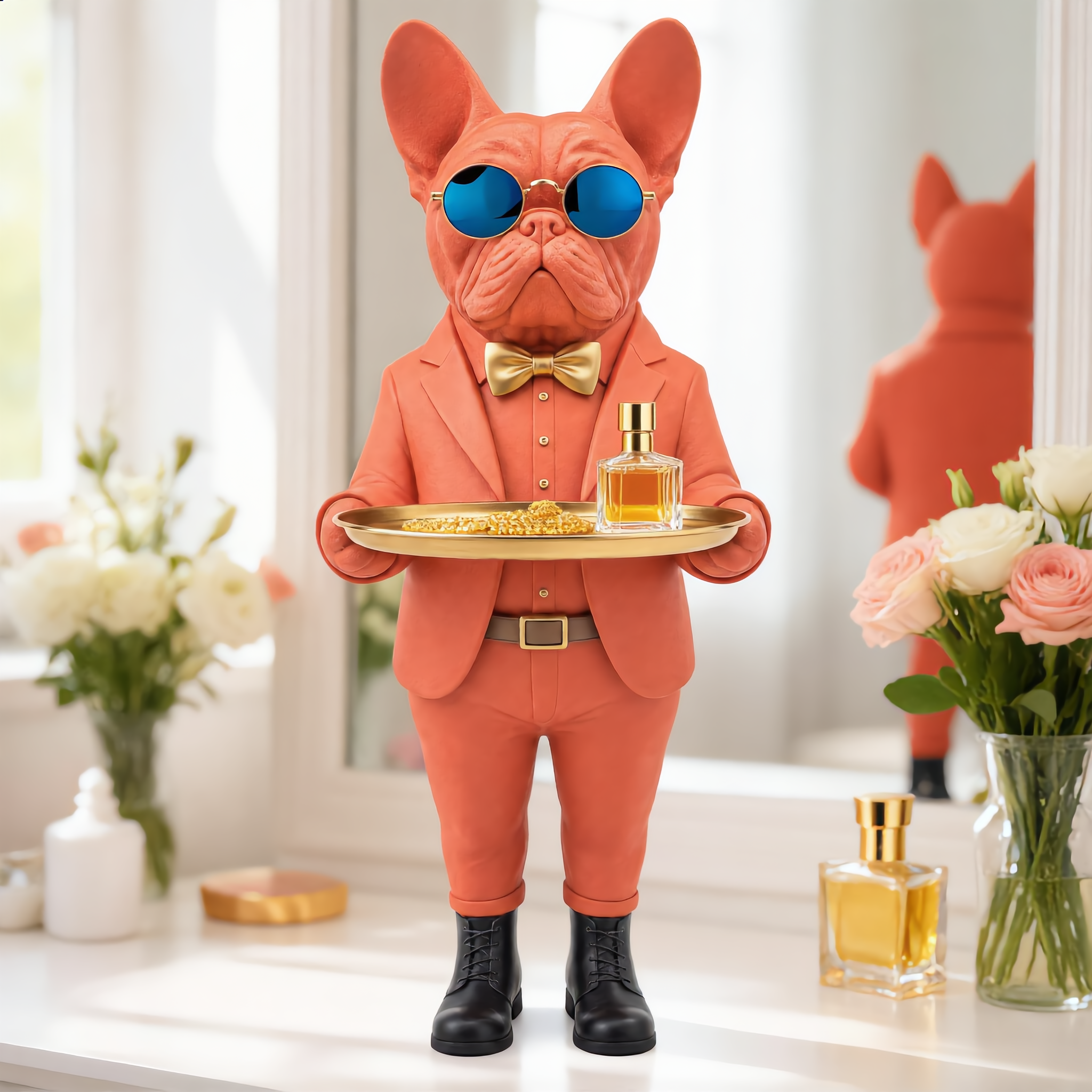 Orange bulldog butler statue on bedroom vanity holding jewelry