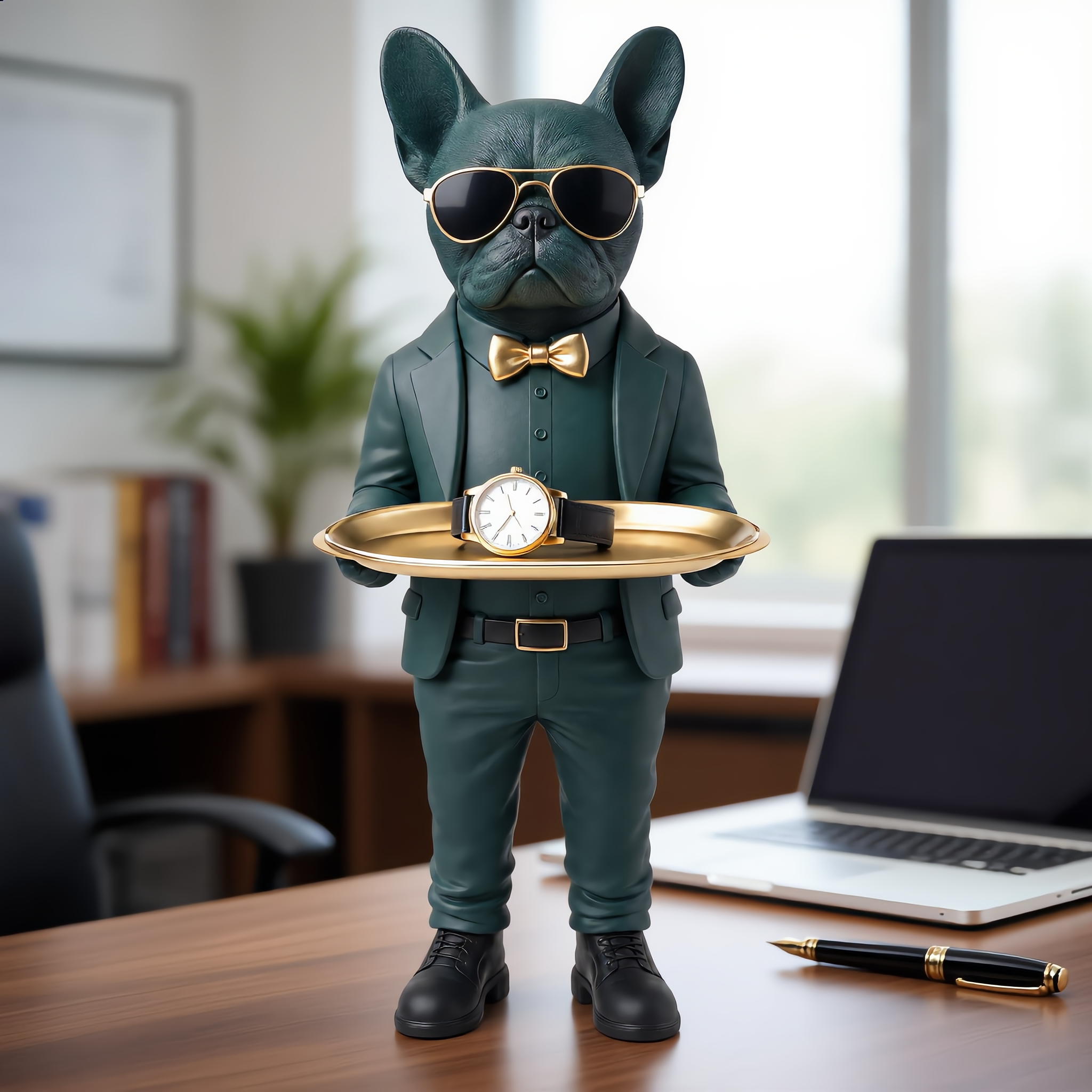 Green bulldog butler statue on home office desk holding a watch