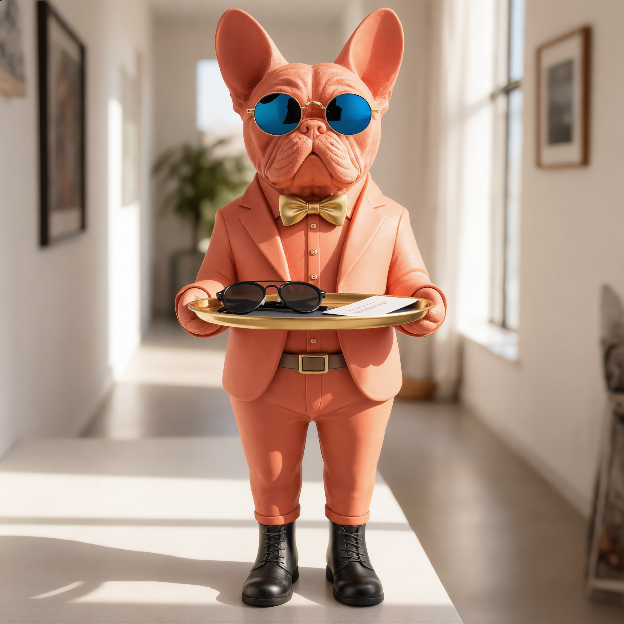 Orange bulldog butler statue on hallway console holding sunglasses