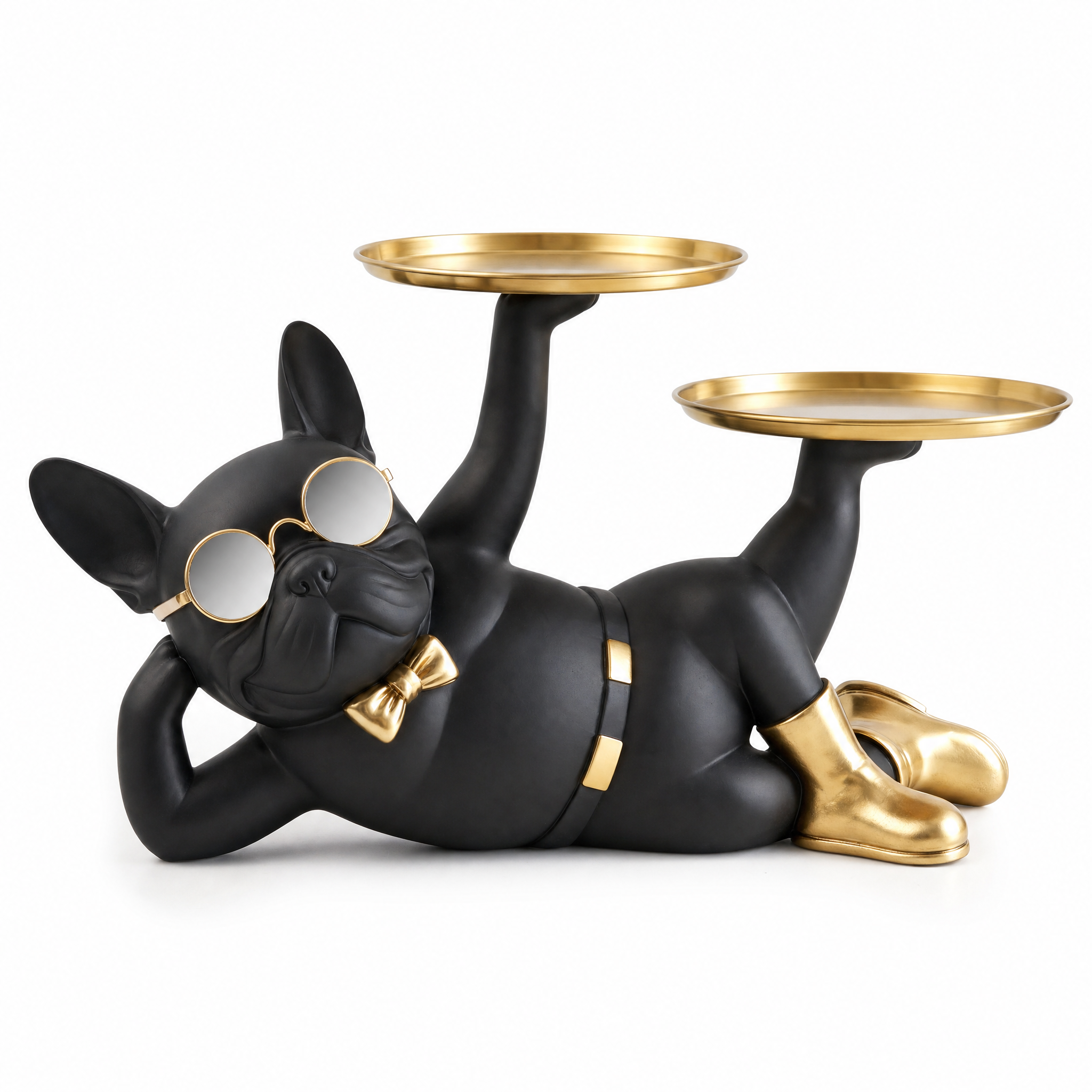 Dolce black lounging bulldog statue with two gold trays on white