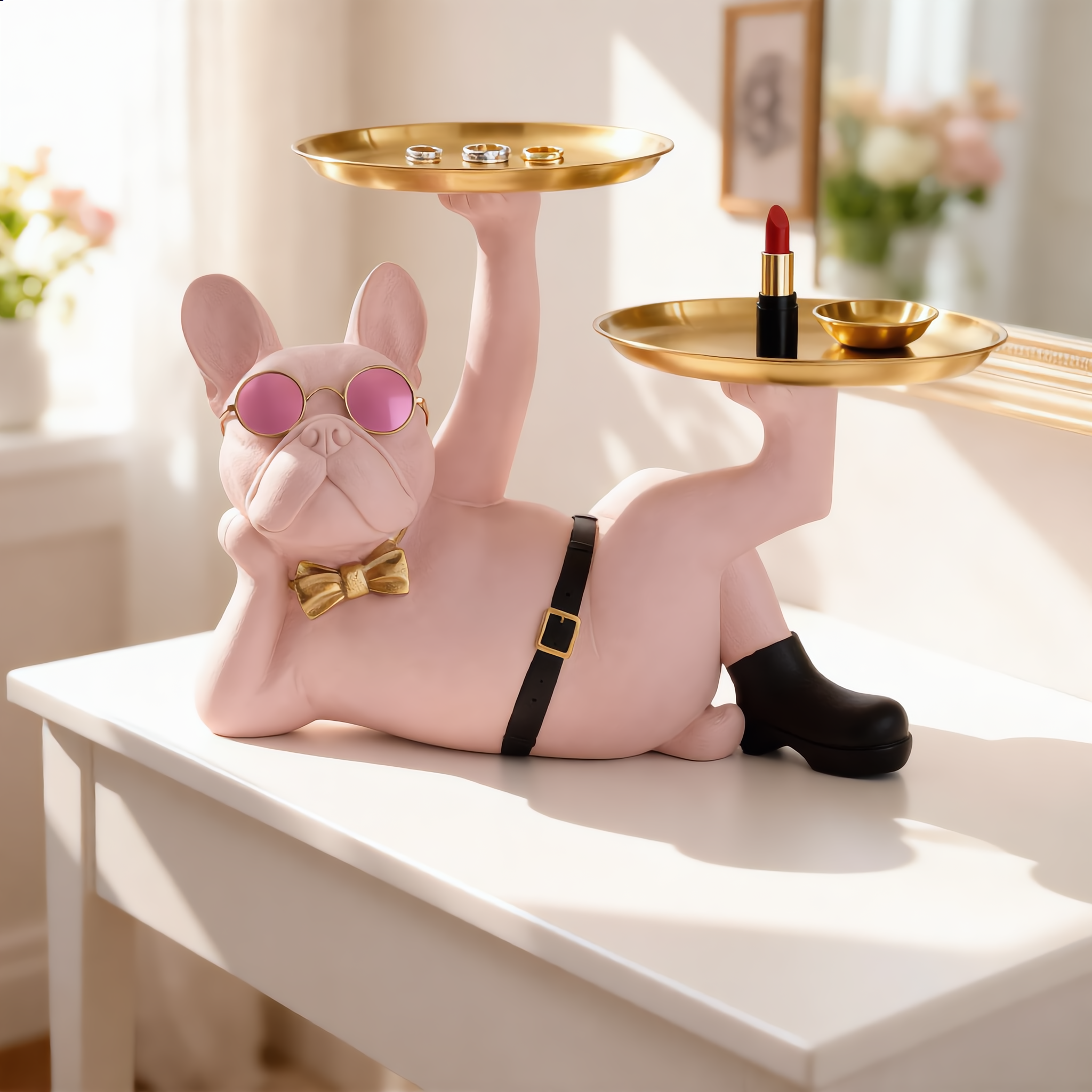 Pink lounging bulldog statue on dresser holding rings and lipstick