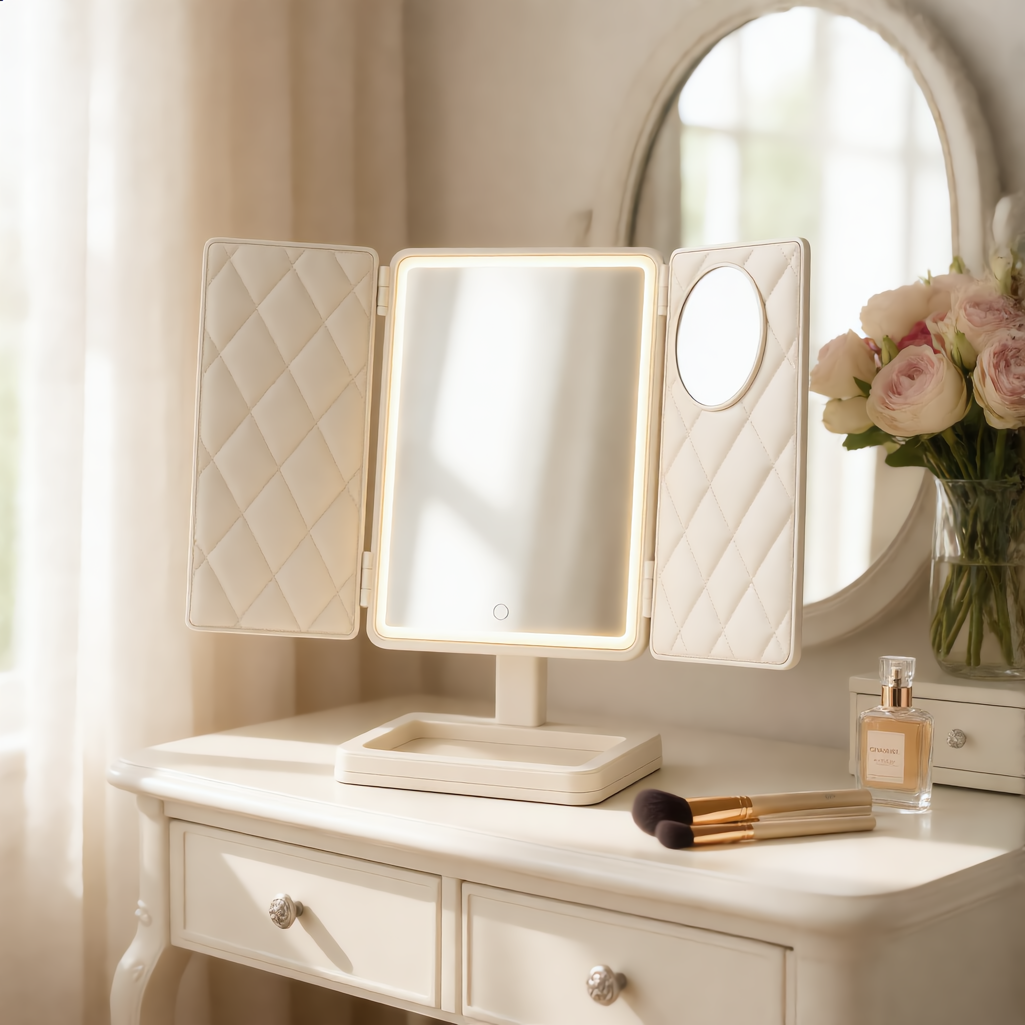 Trifold lighted mirror with warm light on an elegant vanity