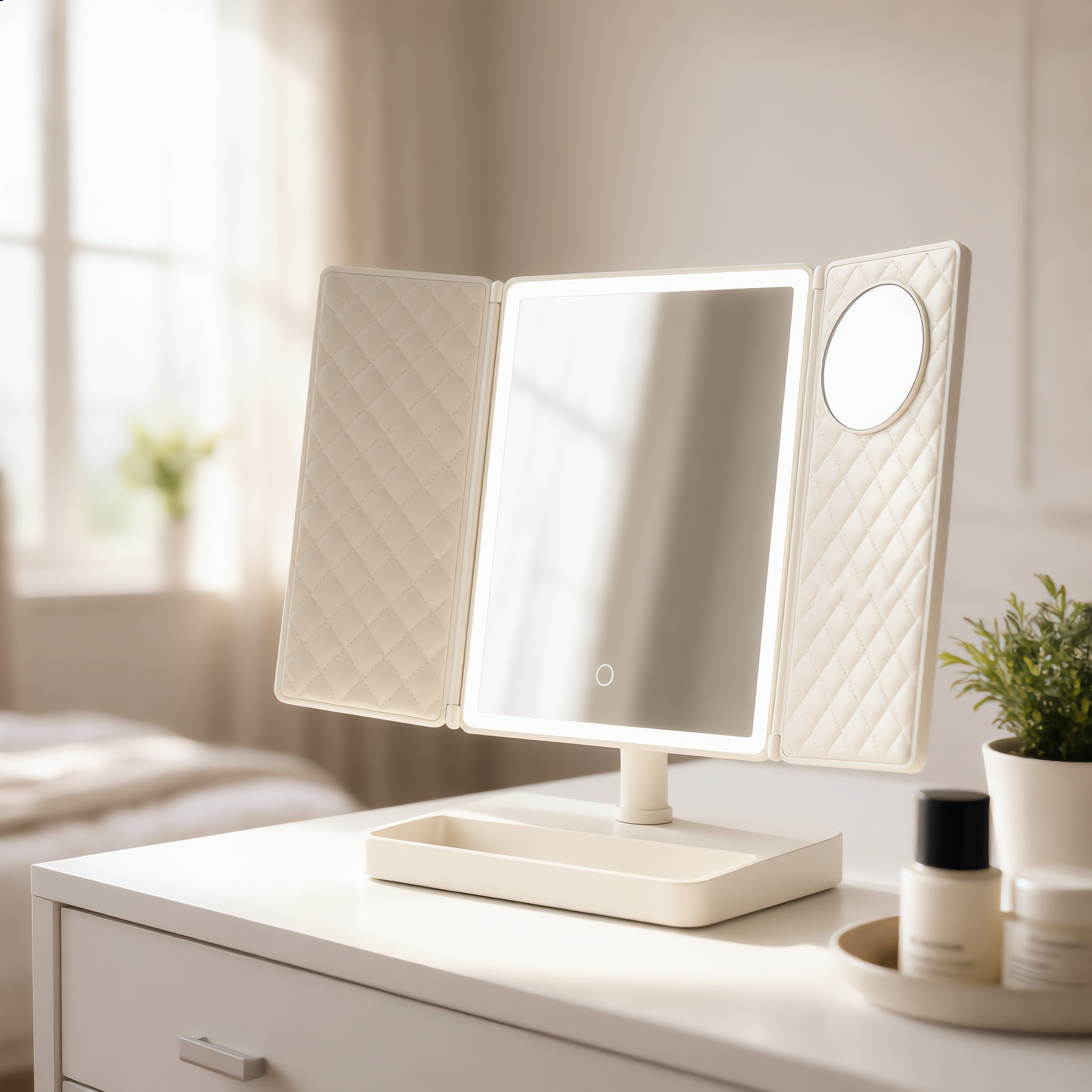 Trifold lighted mirror with cool daylight on a modern dresser