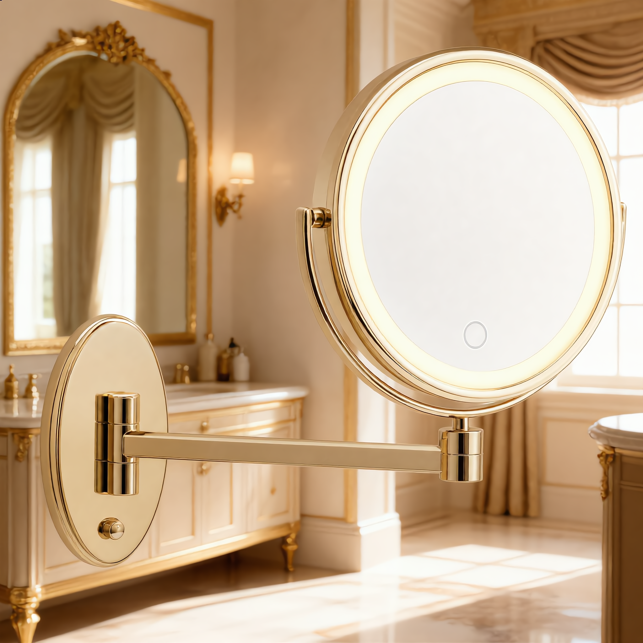 Gold LED mirror in a luxe gold powder room