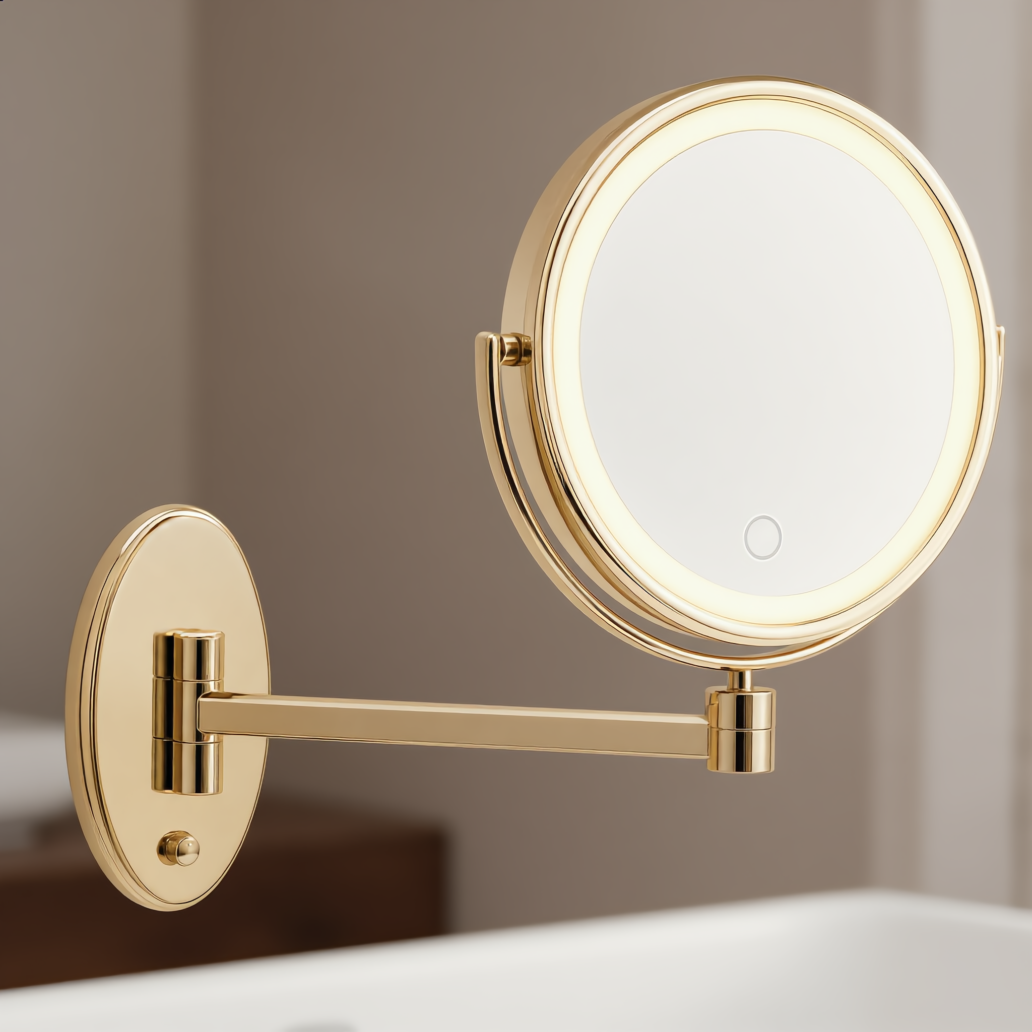 Close-up of the gold folding swing arm and wall plate