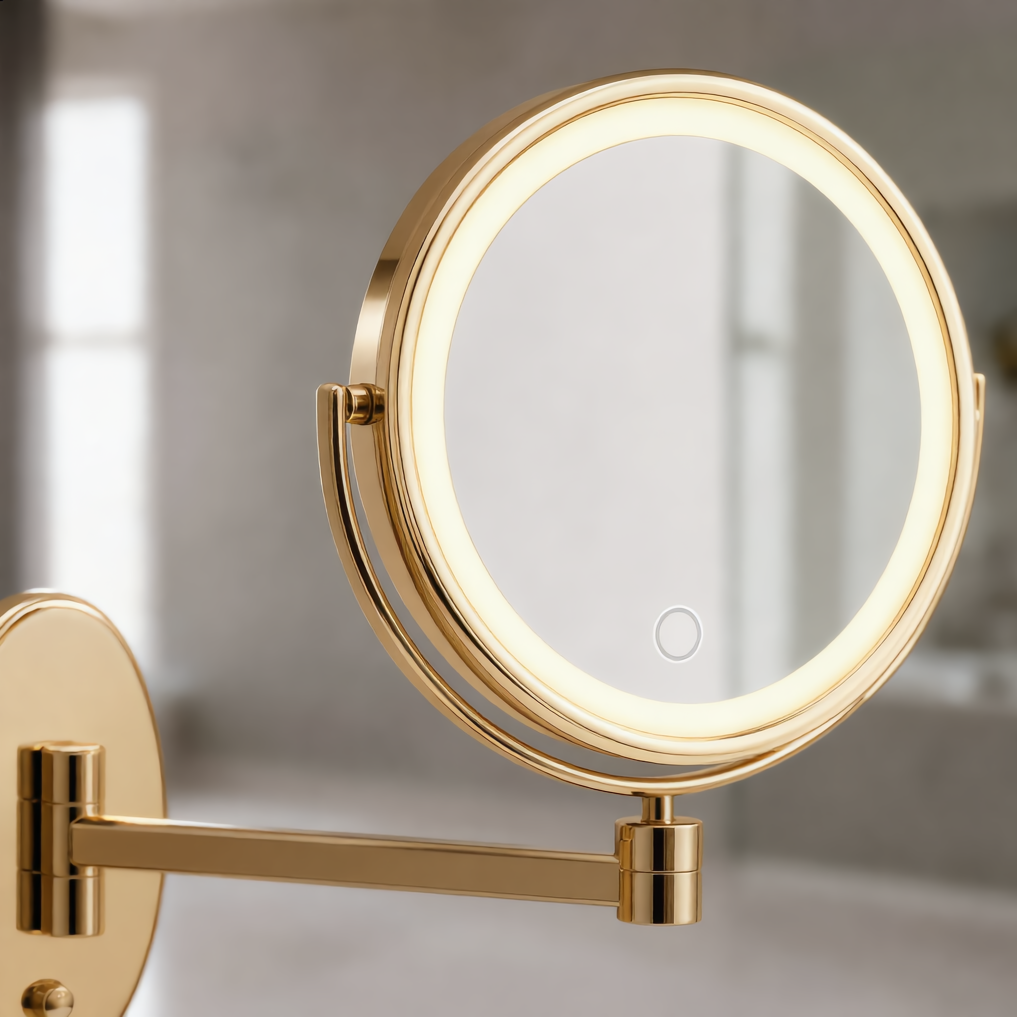 Close-up of the warm LED ring and touch sensor on the gold mirror