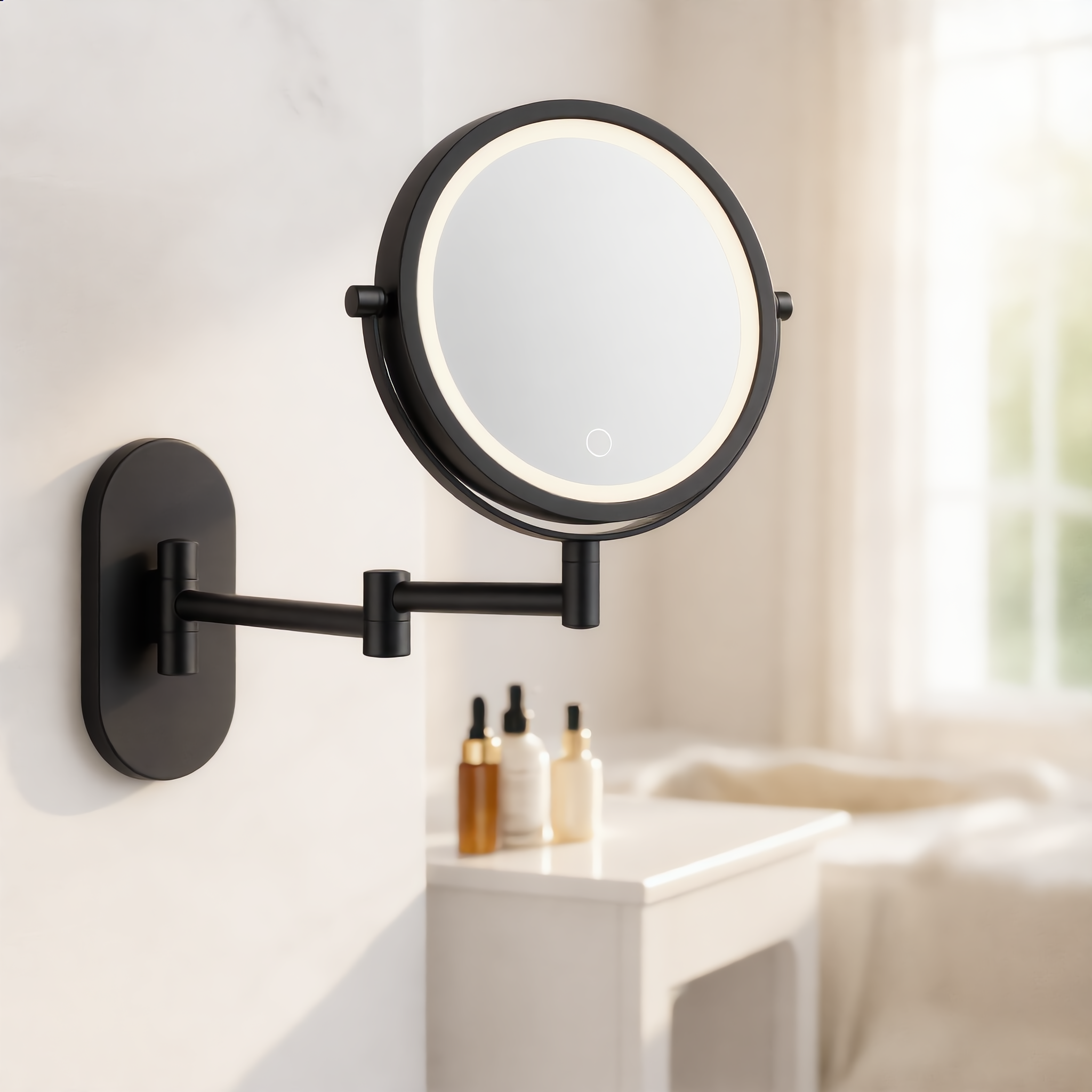 Black LED mirror with warm glow on a marble bathroom wall