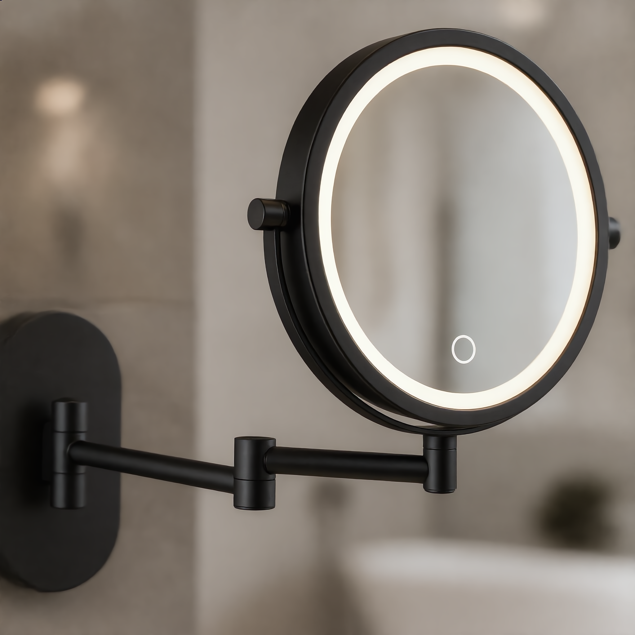 Close-up of the warm LED ring and touch sensor on the black mirror