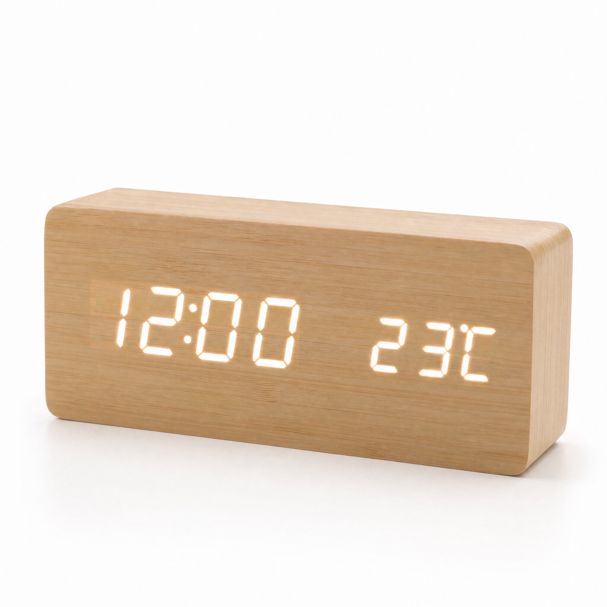 Tempo bamboo wooden LED alarm clock with white display on white