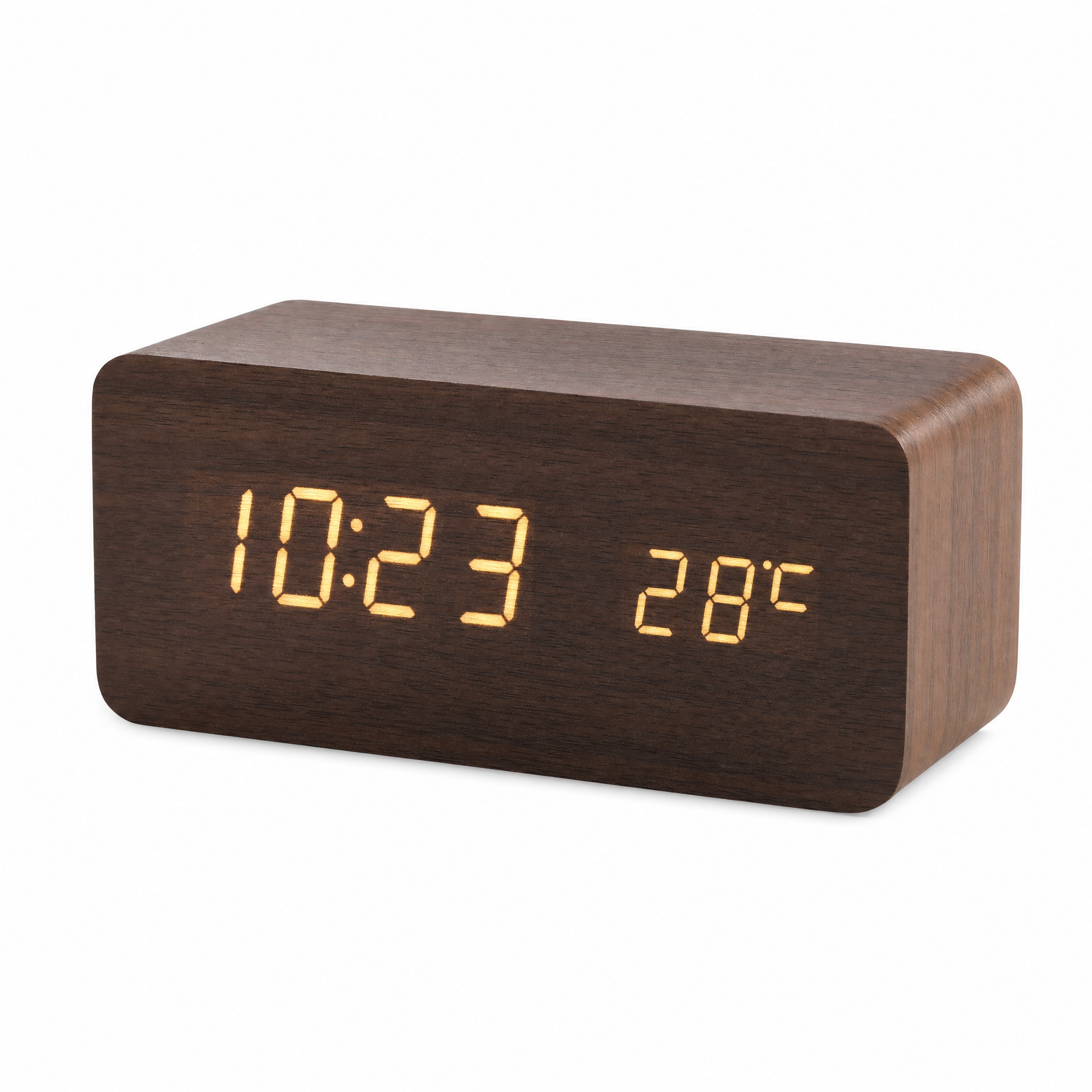 Tempo walnut-brown wooden LED alarm clock with amber display on white