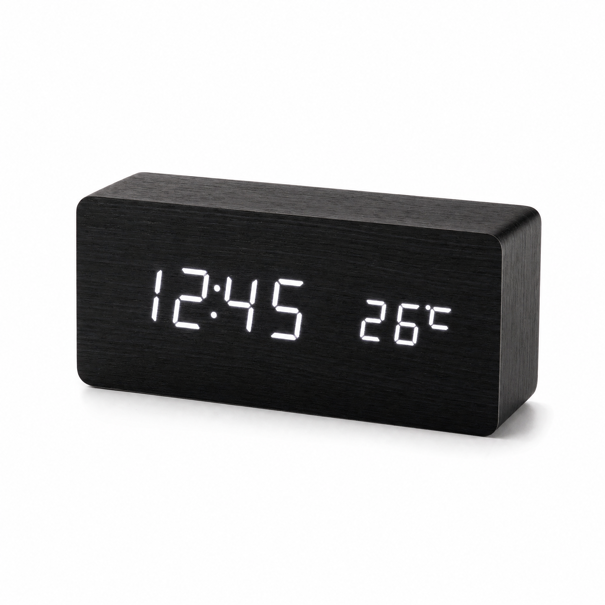 Tempo black wooden LED alarm clock with white display on white