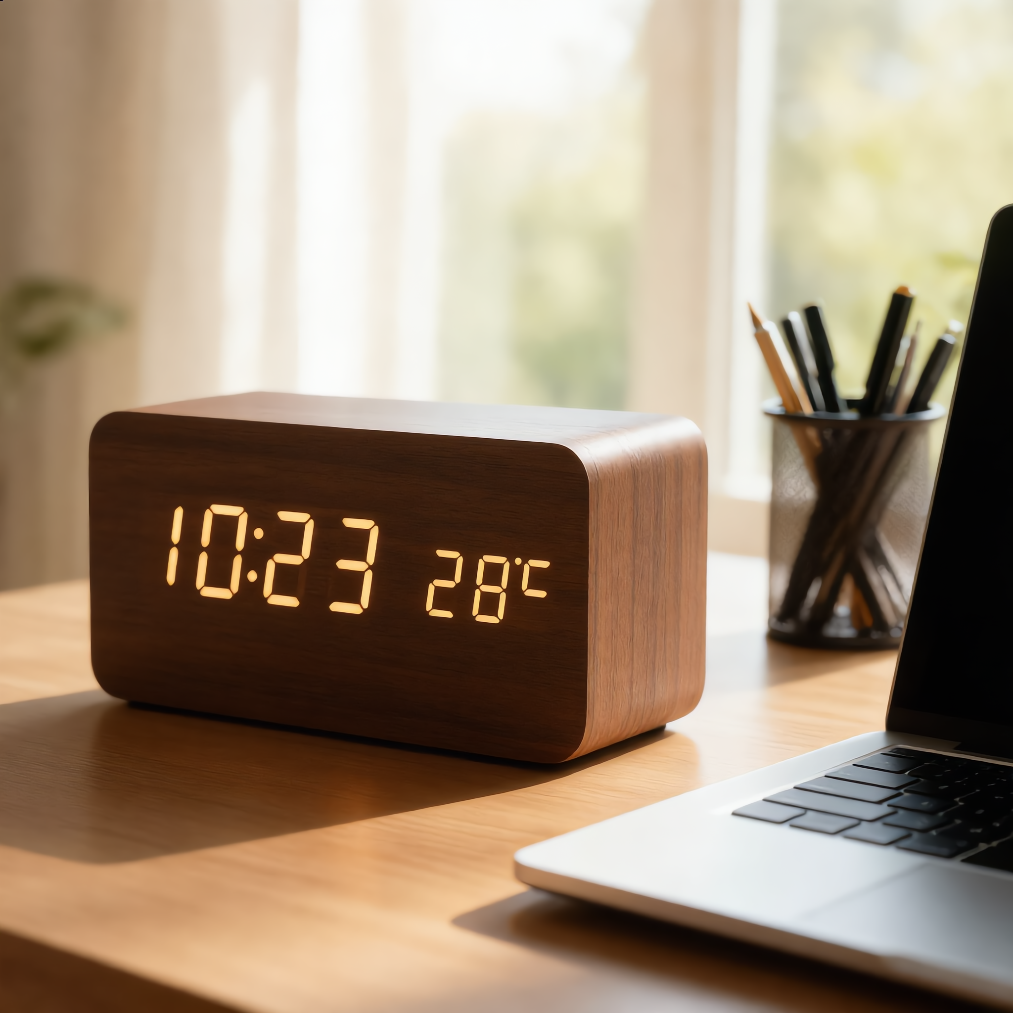Walnut wooden LED clock on a modern home-office desk