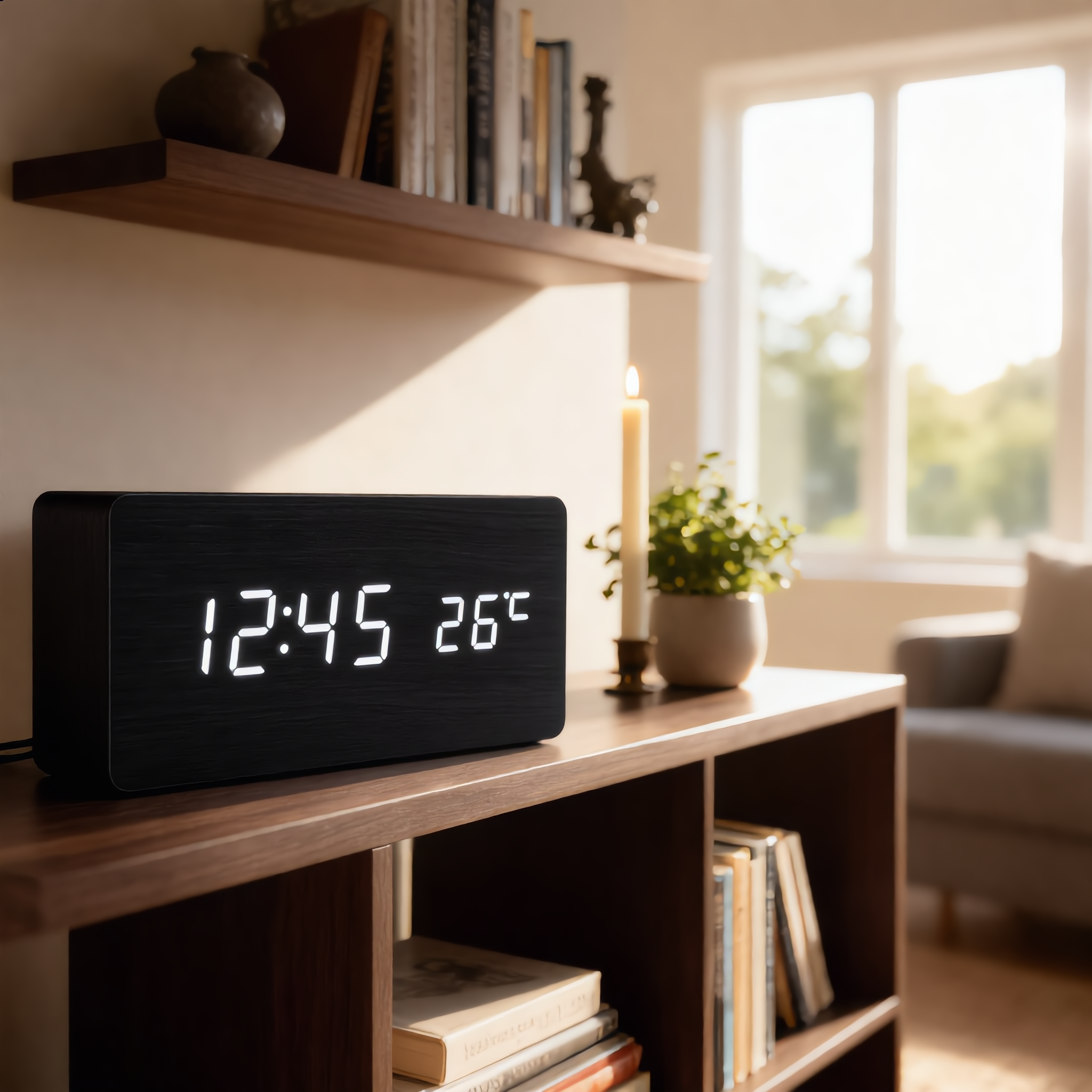 Black wooden LED clock on a styled living-room shelf