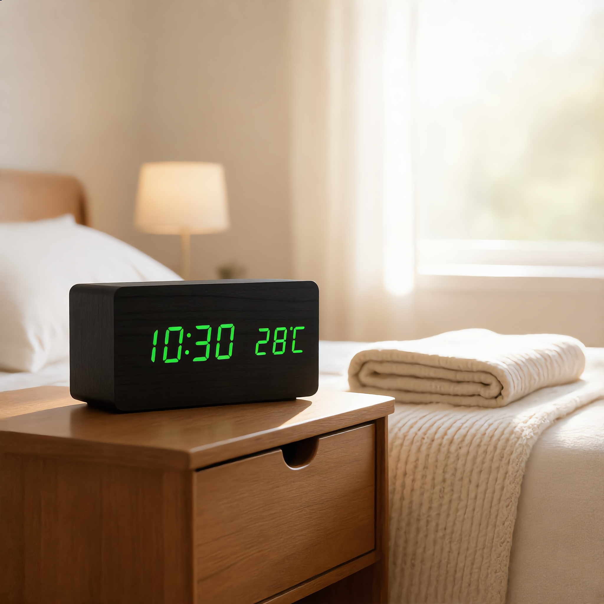 Black wooden LED clock with green display on a bedroom nightstand