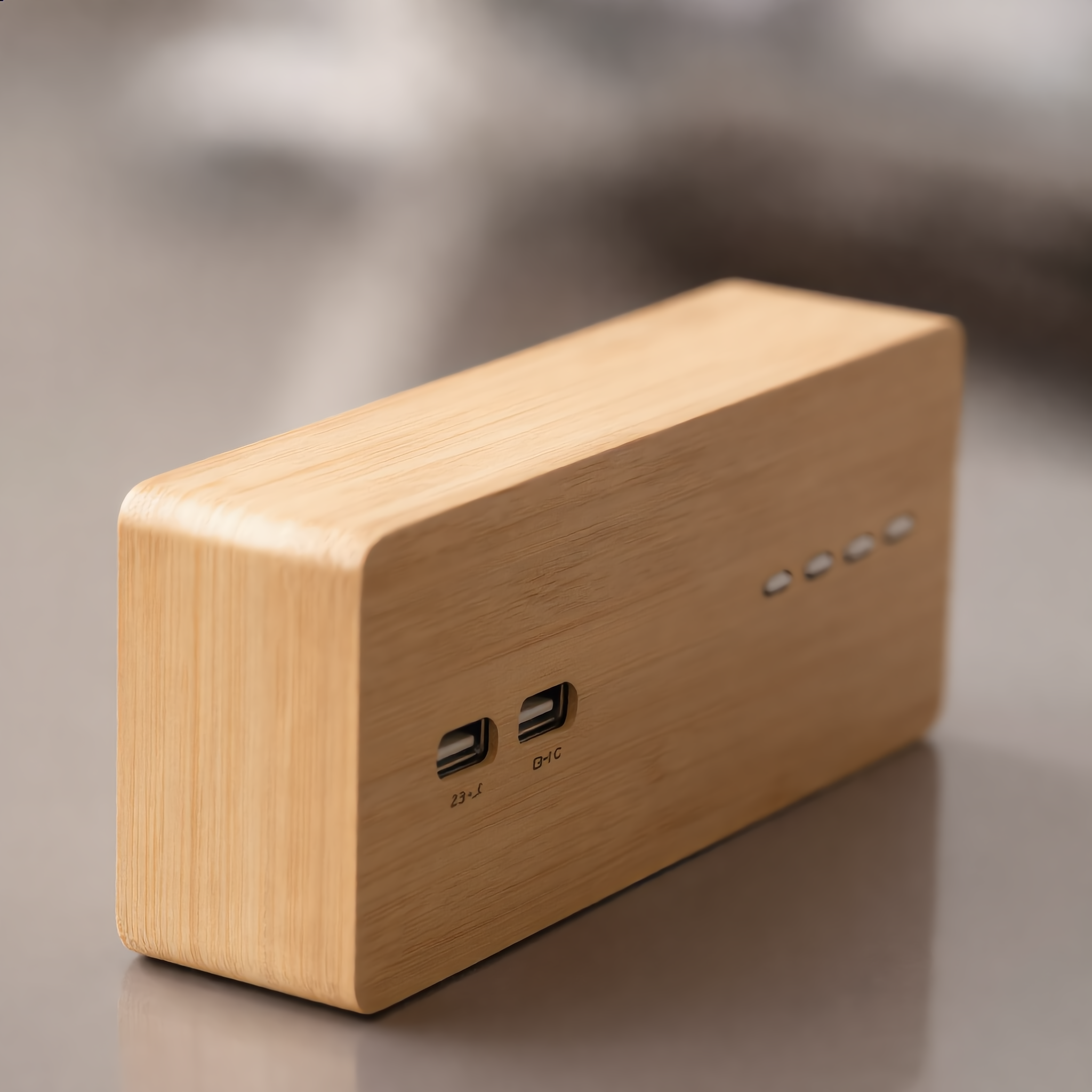 Close-up of the wood grain and USB charging port on the clock