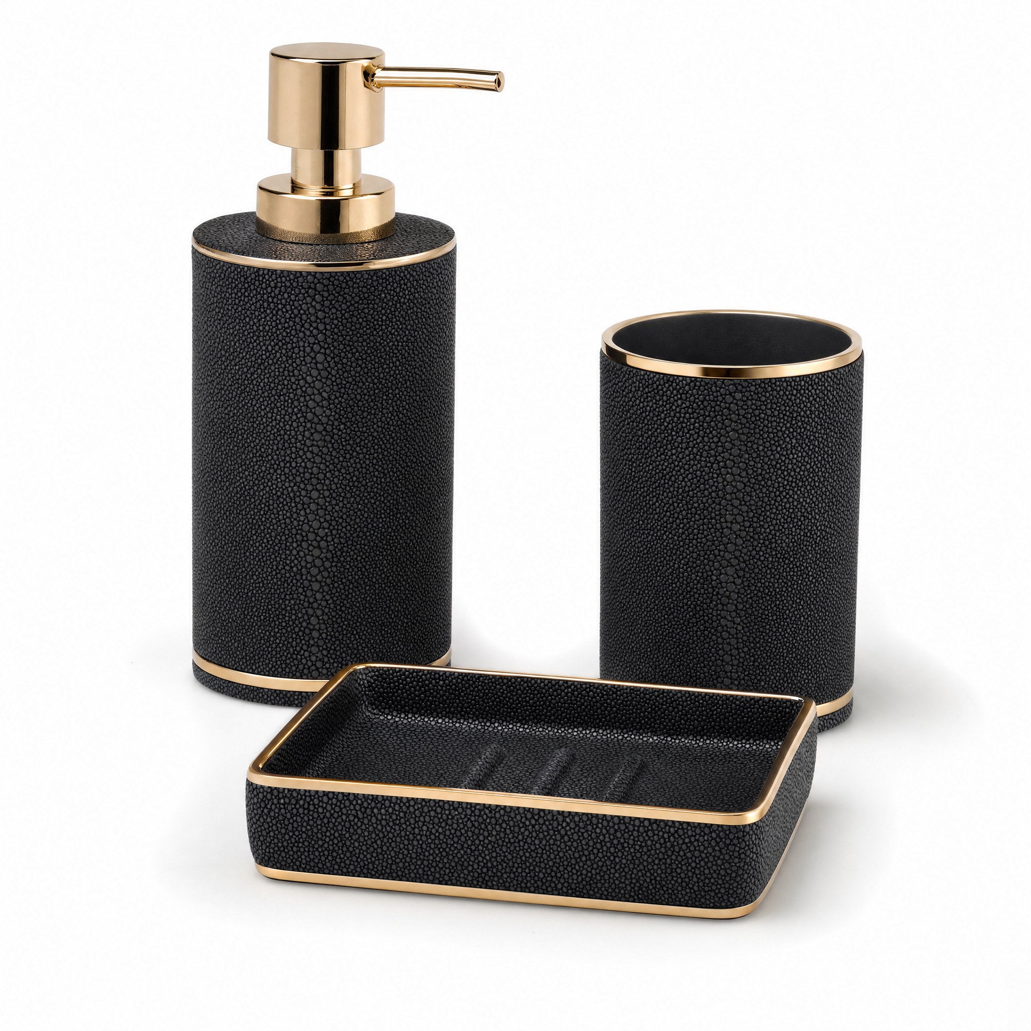 Lusso charcoal-black ceramic bathroom set with gold accents on white