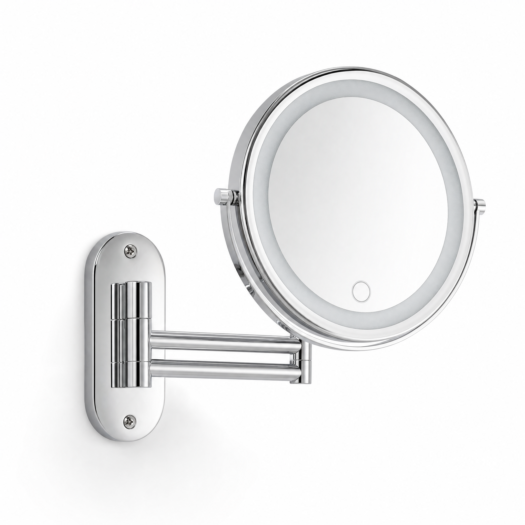Lucente silver LED magnifying vanity mirror with extending arm