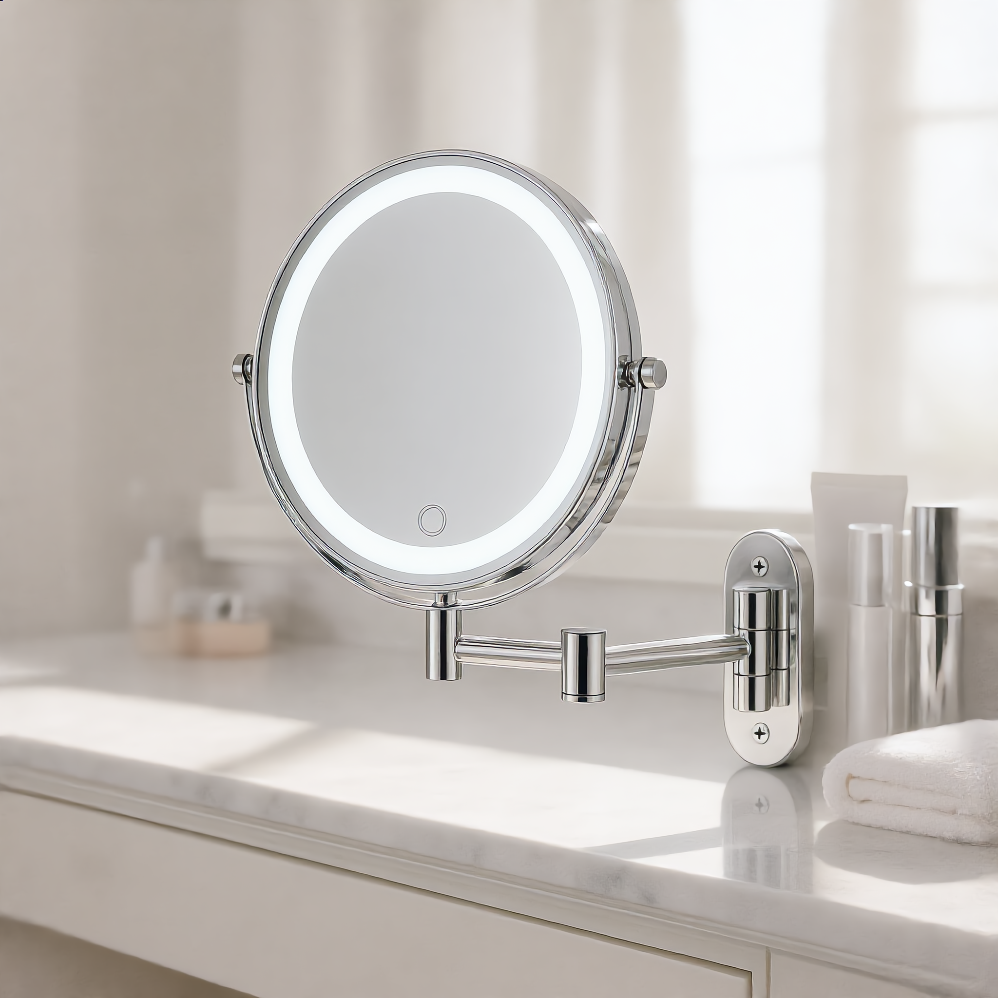 Silver LED makeup mirror beside a bright vanity, cool light