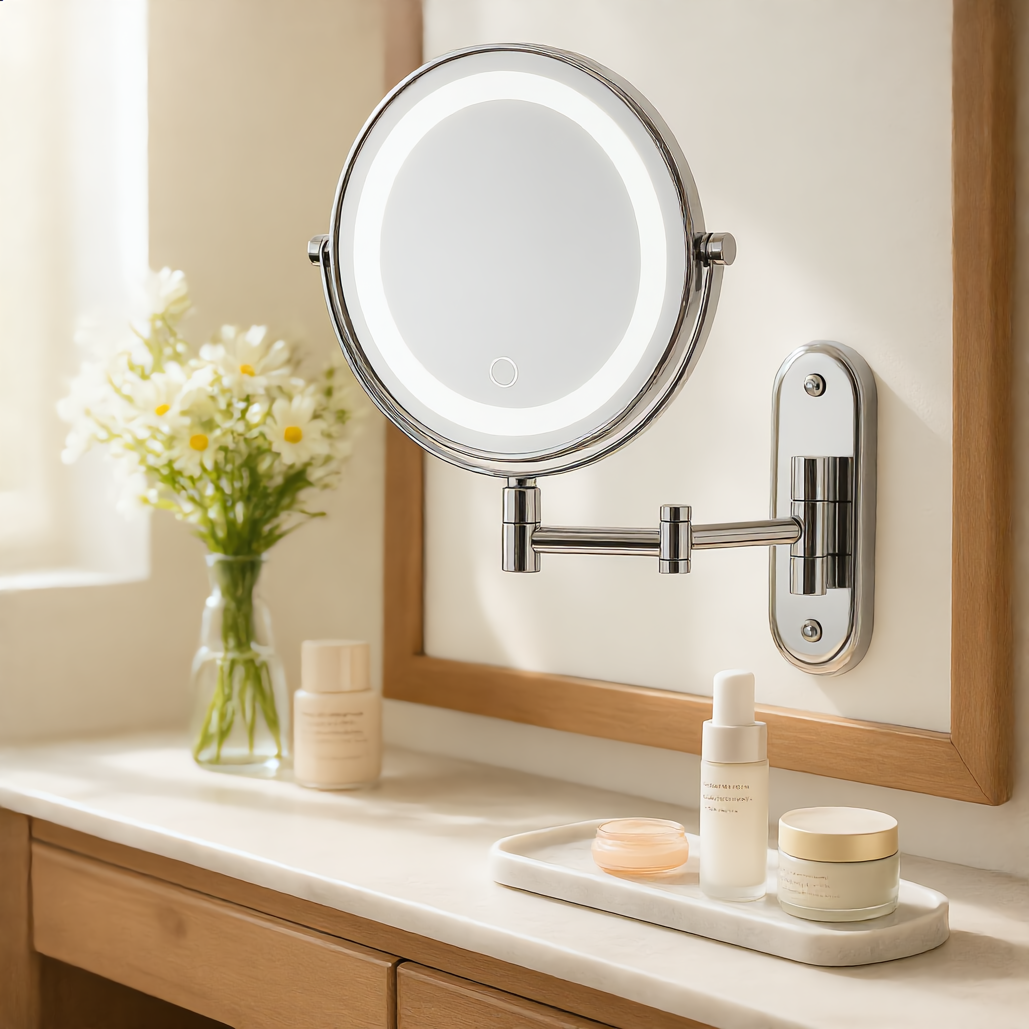 LED vanity mirror on a styled vanity with skincare and flowers