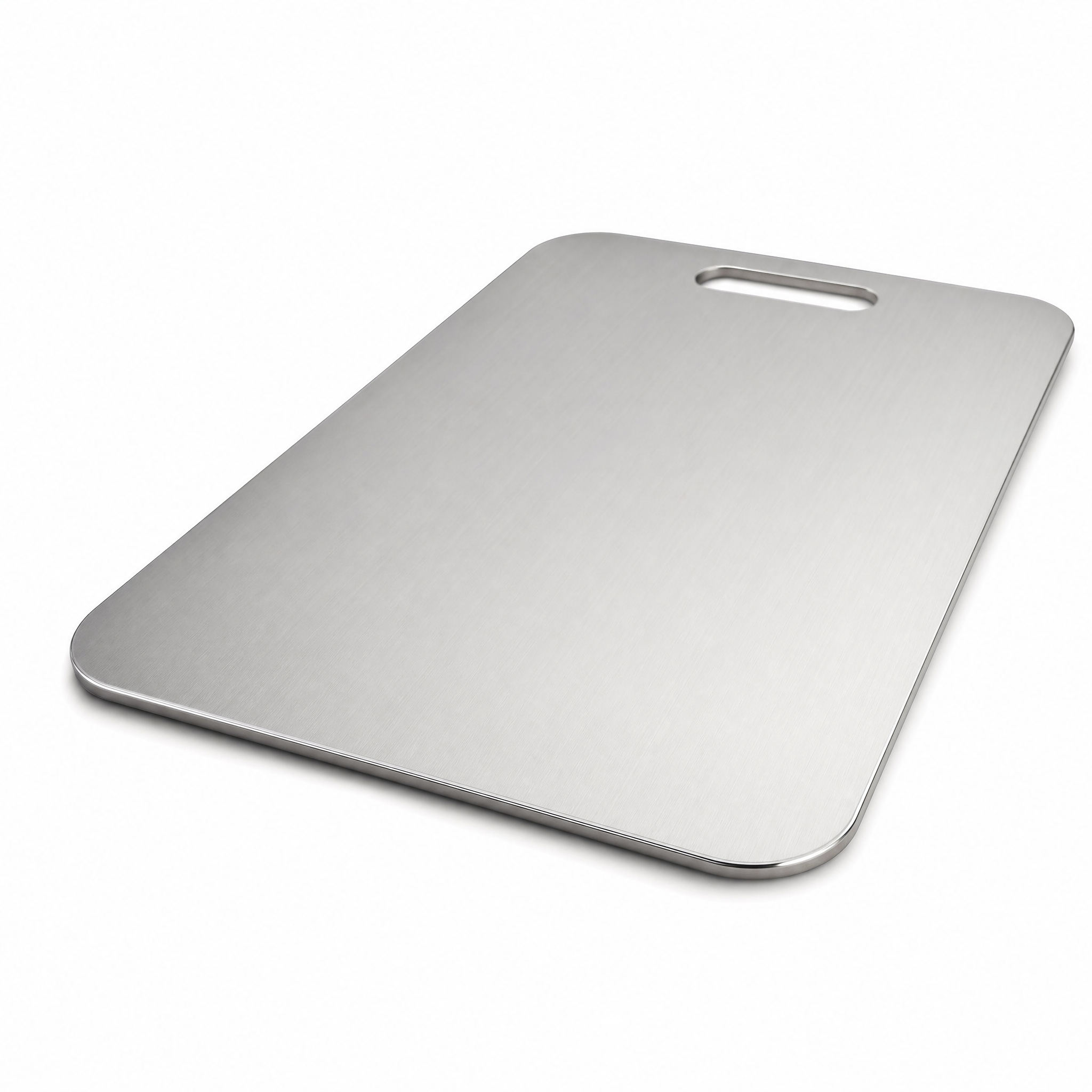 Stainless steel cutting board angled view showing slim edge