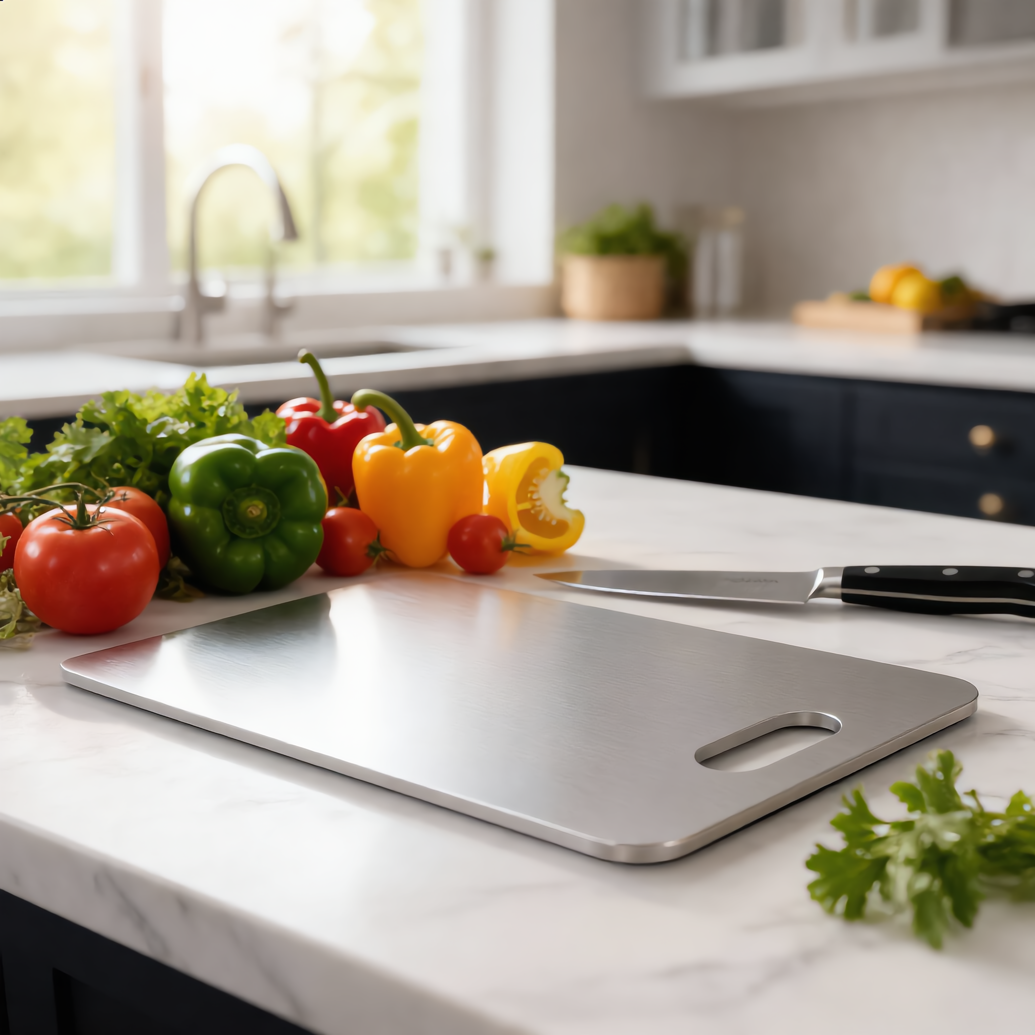 Steel cutting board on a marble counter with fresh vegetables