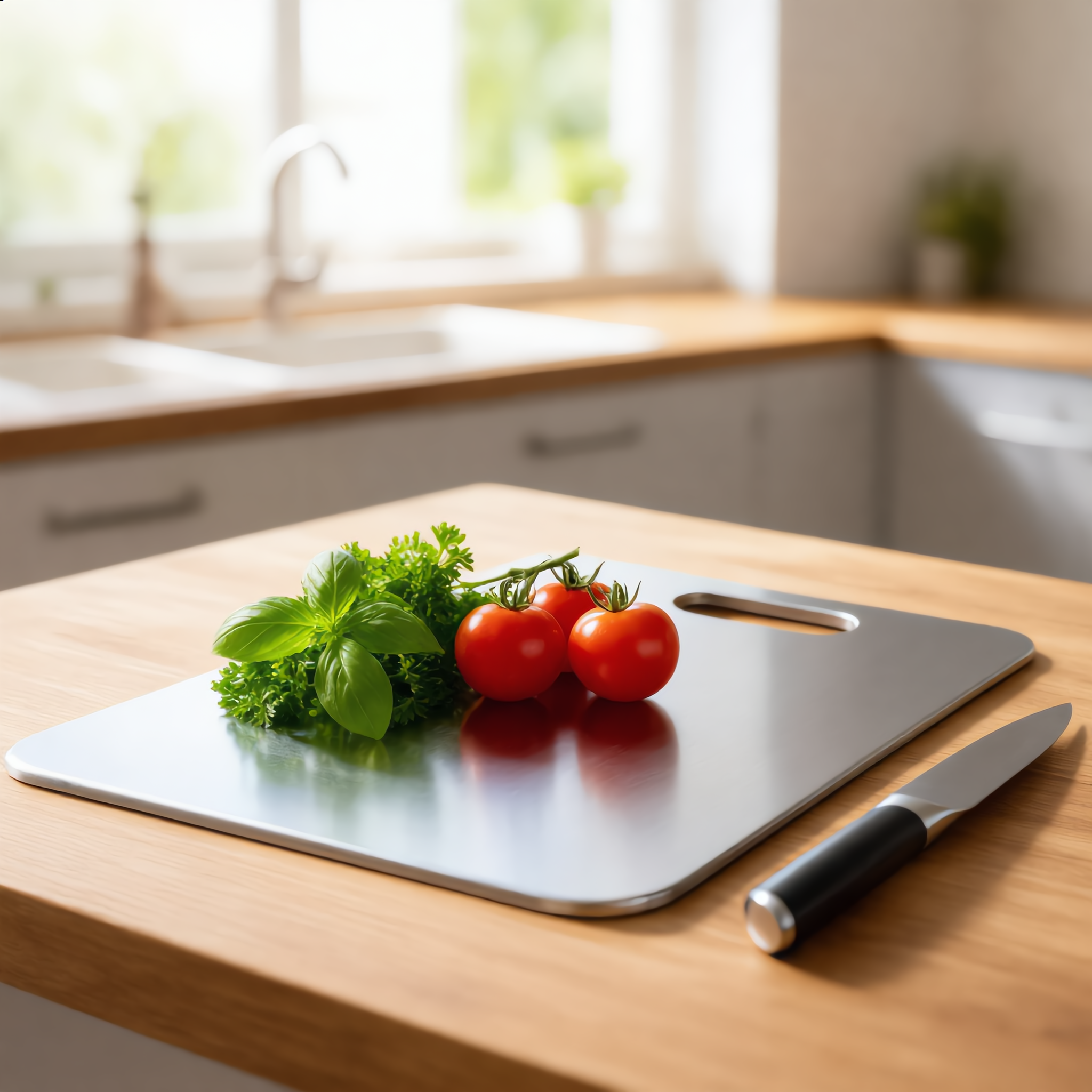 Steel cutting board on a wood counter with herbs and tomatoes