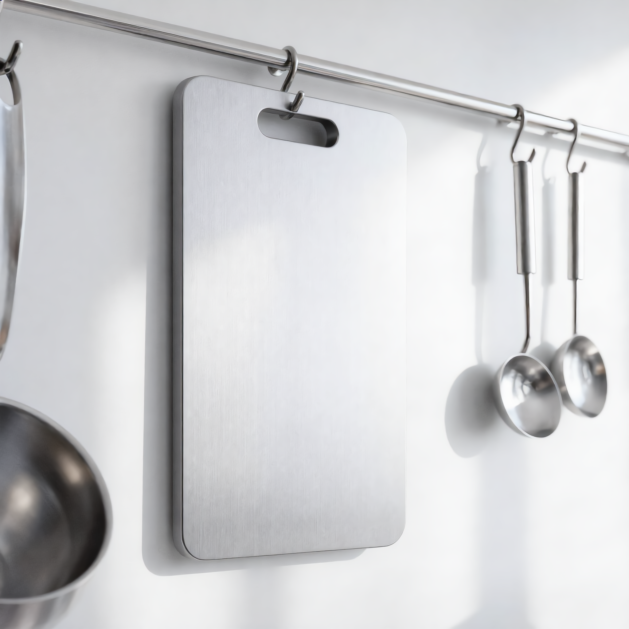 Steel cutting board hanging from a kitchen rail by its slot