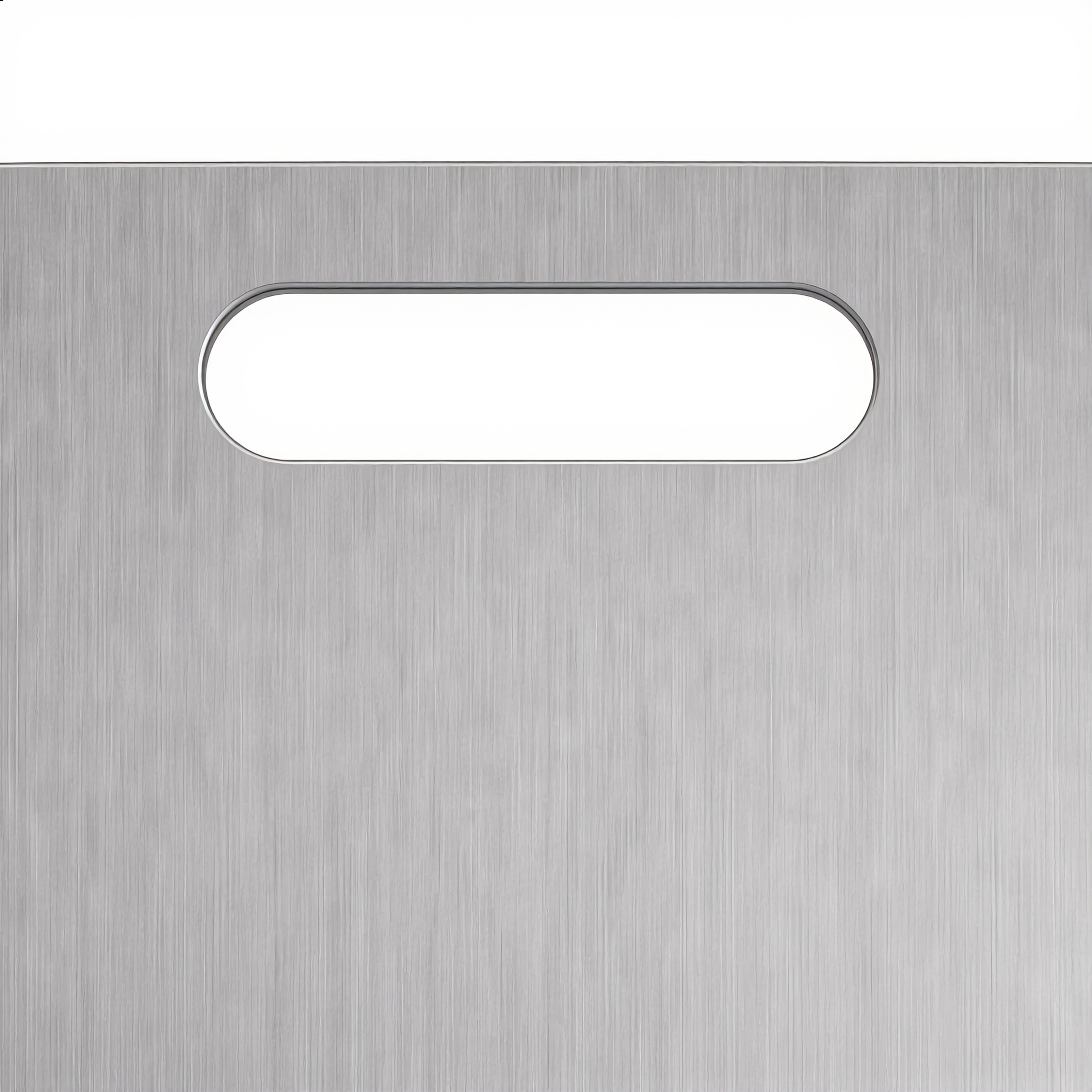 Close-up of the oval hanging slot in the brushed steel