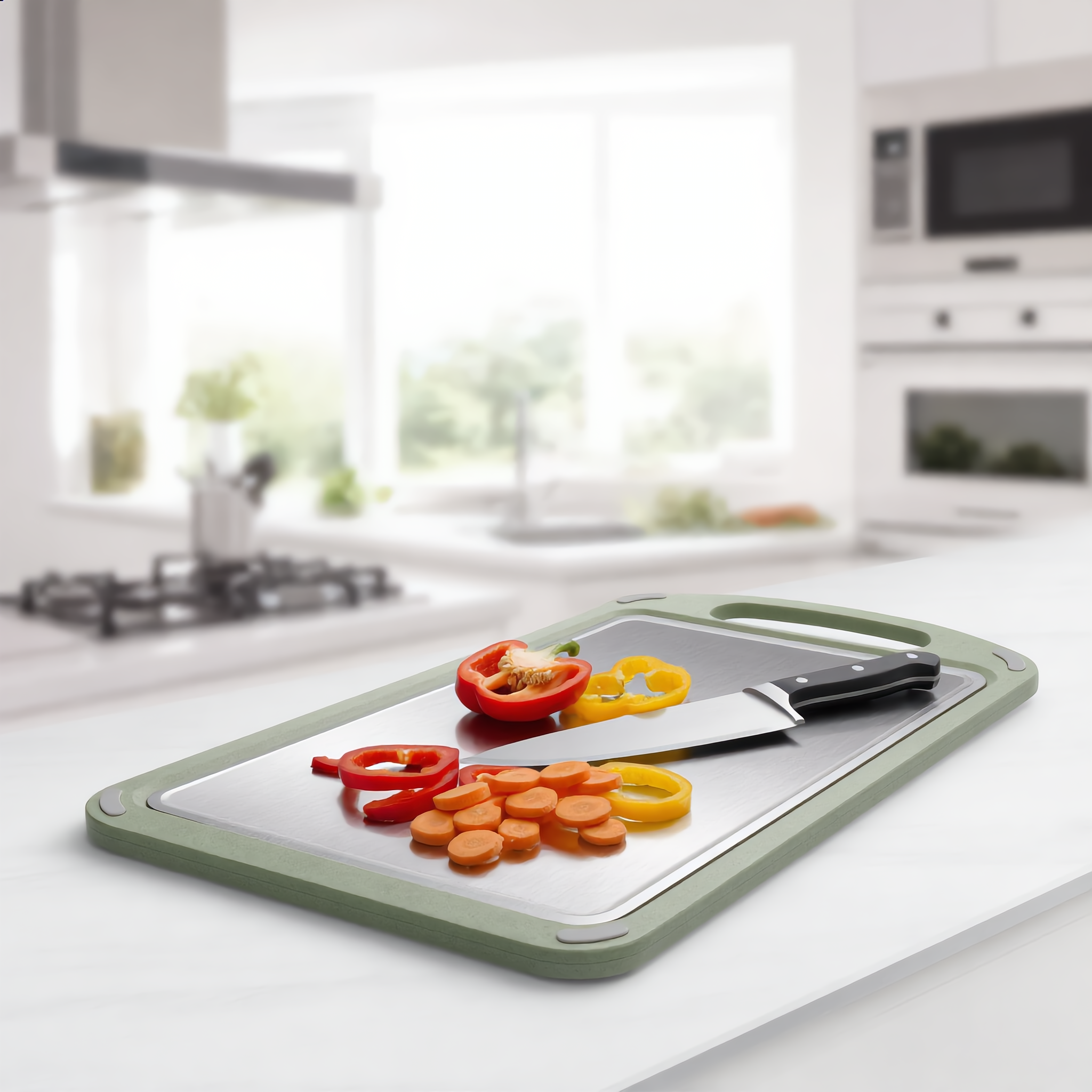 Green board prepping fresh vegetables on a marble counter