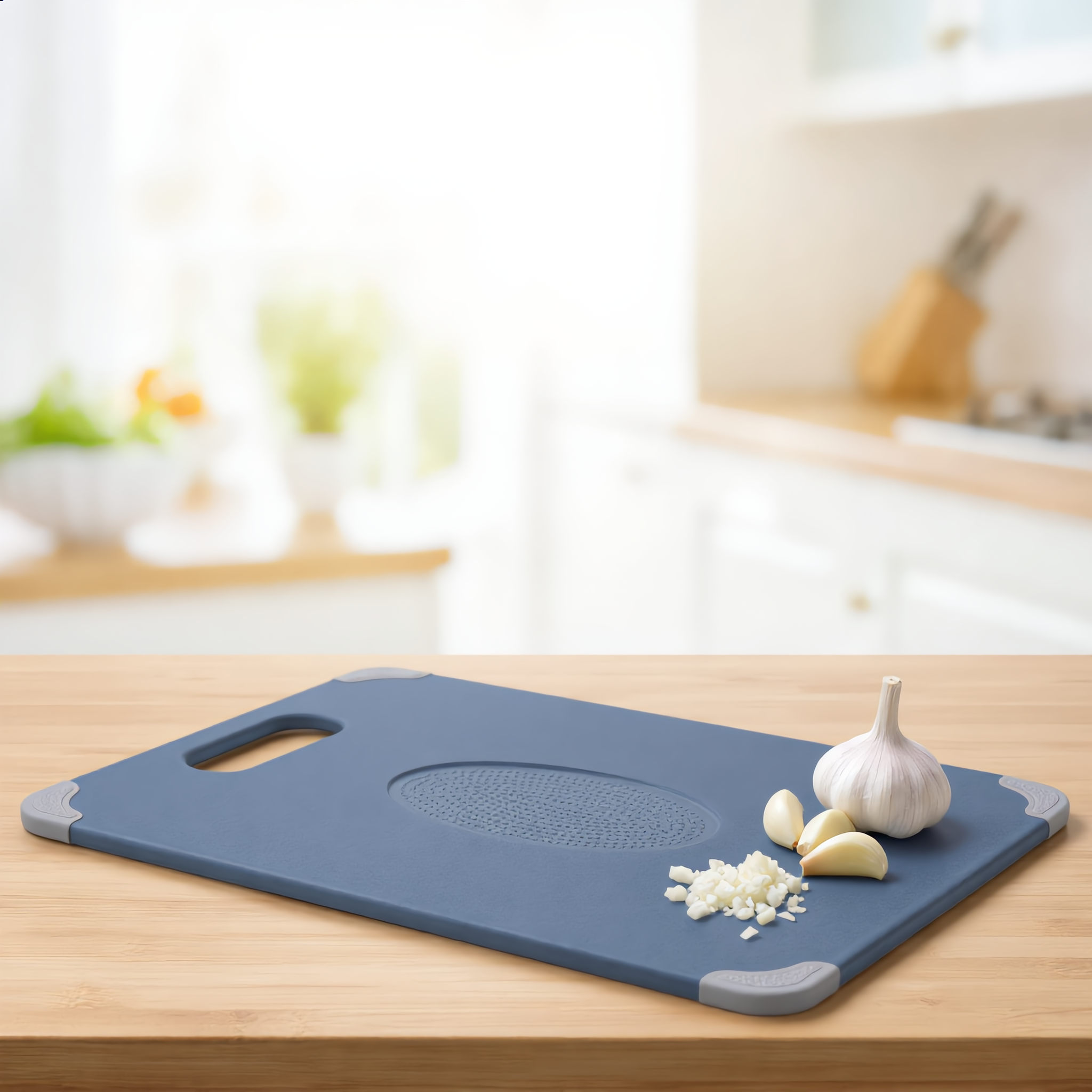 Blue board grinding garlic on the composite side