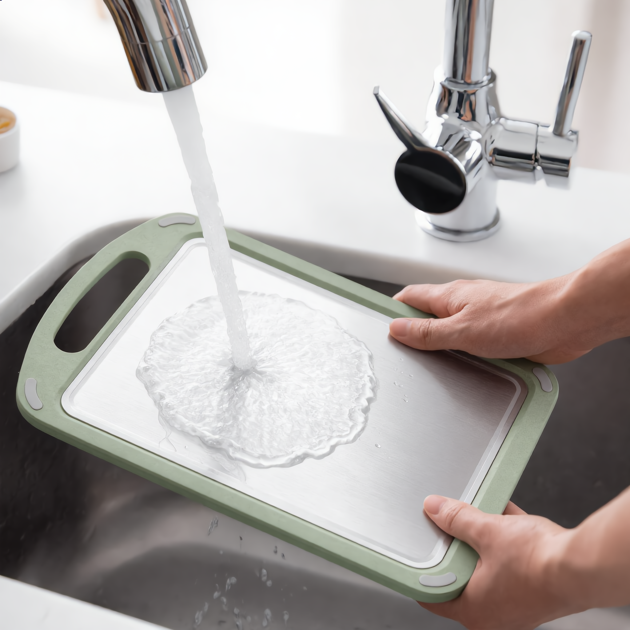 Rinsing the cutting board clean under a tap